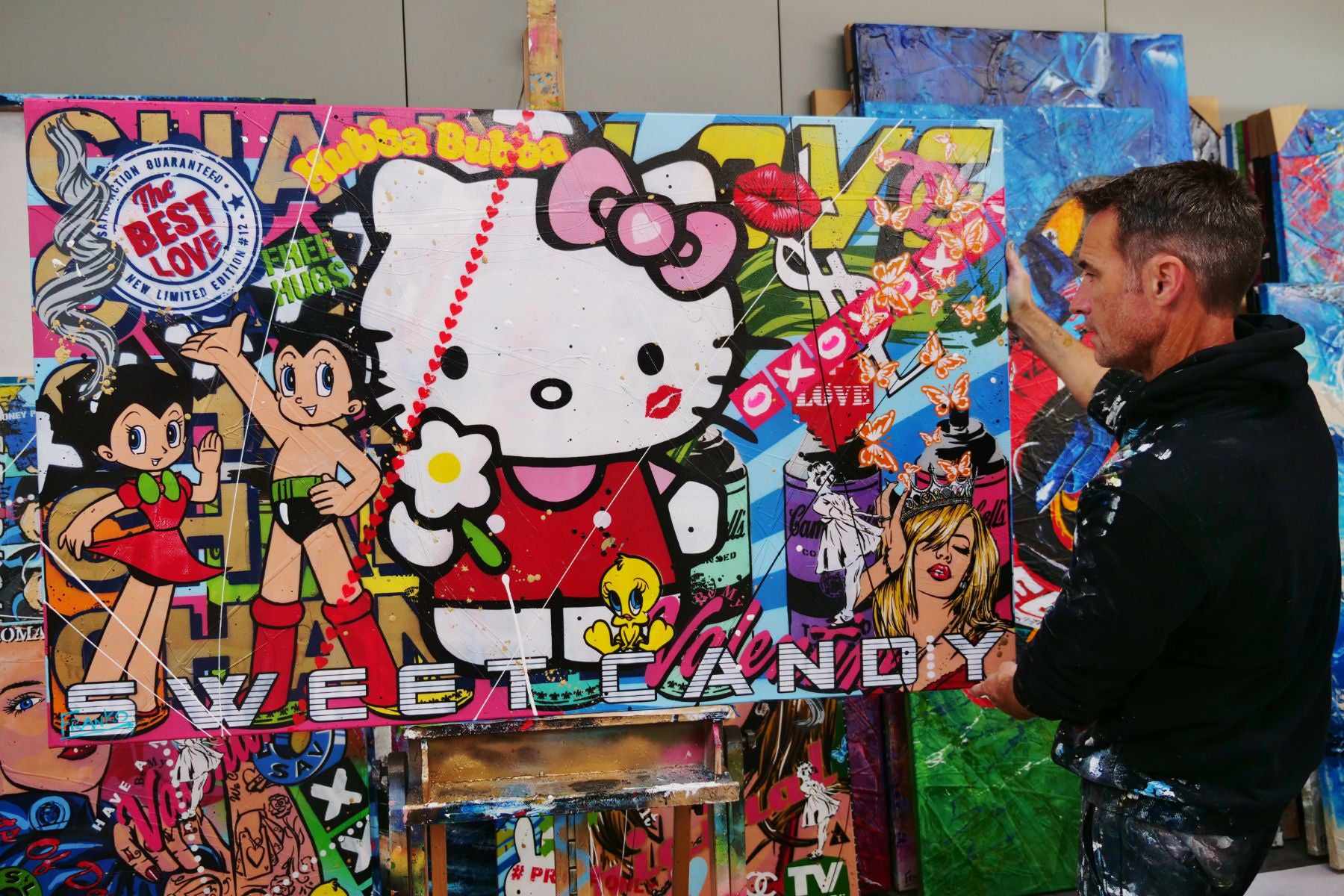 Kitty Candy 160cm x 100cm Hello Kitty Textured Urban Pop Art Painting (SOLD)-Urban Pop Art-[Franko_Artist]-[The_Block]-[Dream_Homes]-[ideas]- [Grand_Designs]-Franklin Art Studio