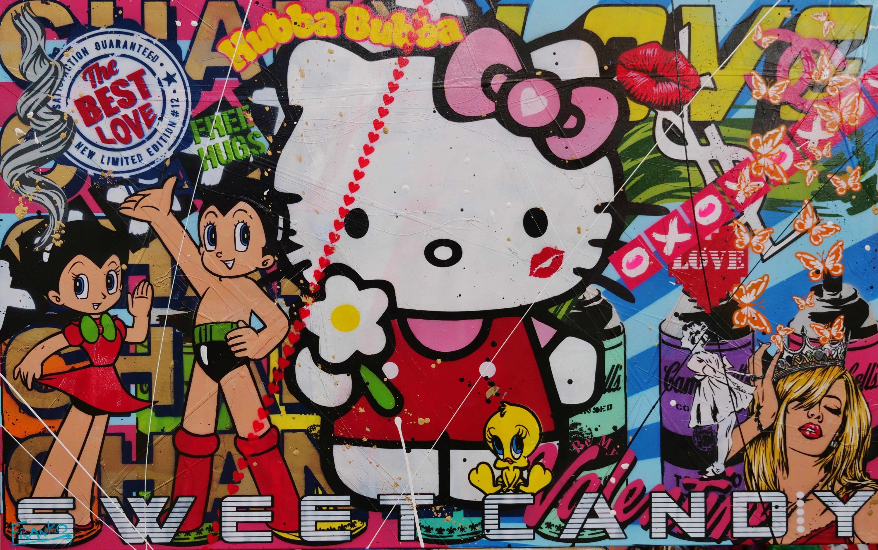 Kitty Candy 160cm x 100cm Hello Kitty Textured Urban Pop Art Painting (SOLD)-Urban Pop Art-[Franko_Artist]-[Australian_artist]-[Gold_Coast]-[Brisbane]-[modern]-[contemporary]-[original]-[Large_artwork]-Franklin Art Studio
