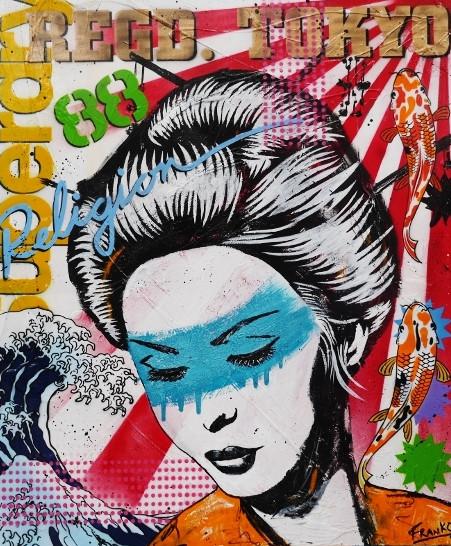 Koi Geisha 120cm x 100cm Geisha Pop Art Painting (SOLD)-urban pop-[Franko_Artist]-[Australian_artist]-[Gold_Coast]-[Brisbane]-[modern]-[contemporary]-[original]-[Large_artwork]-Franklin Art Studio