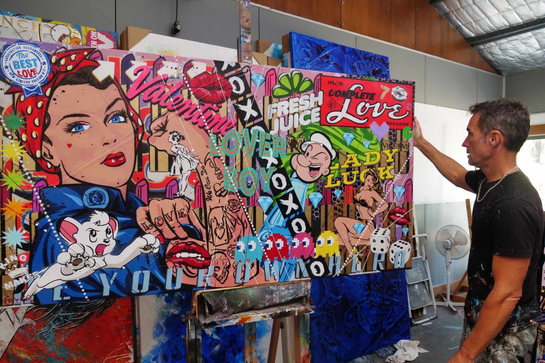 Lady Luck Rosie 190cm x 100cm Rosie The Riveter Textured Urban Pop Art Painting (SOLD)-Urban Pop Art-[Franko_Artist]-[The_Block]-[Dream_Homes]-[ideas]- [Grand_Designs]-Franklin Art Studio