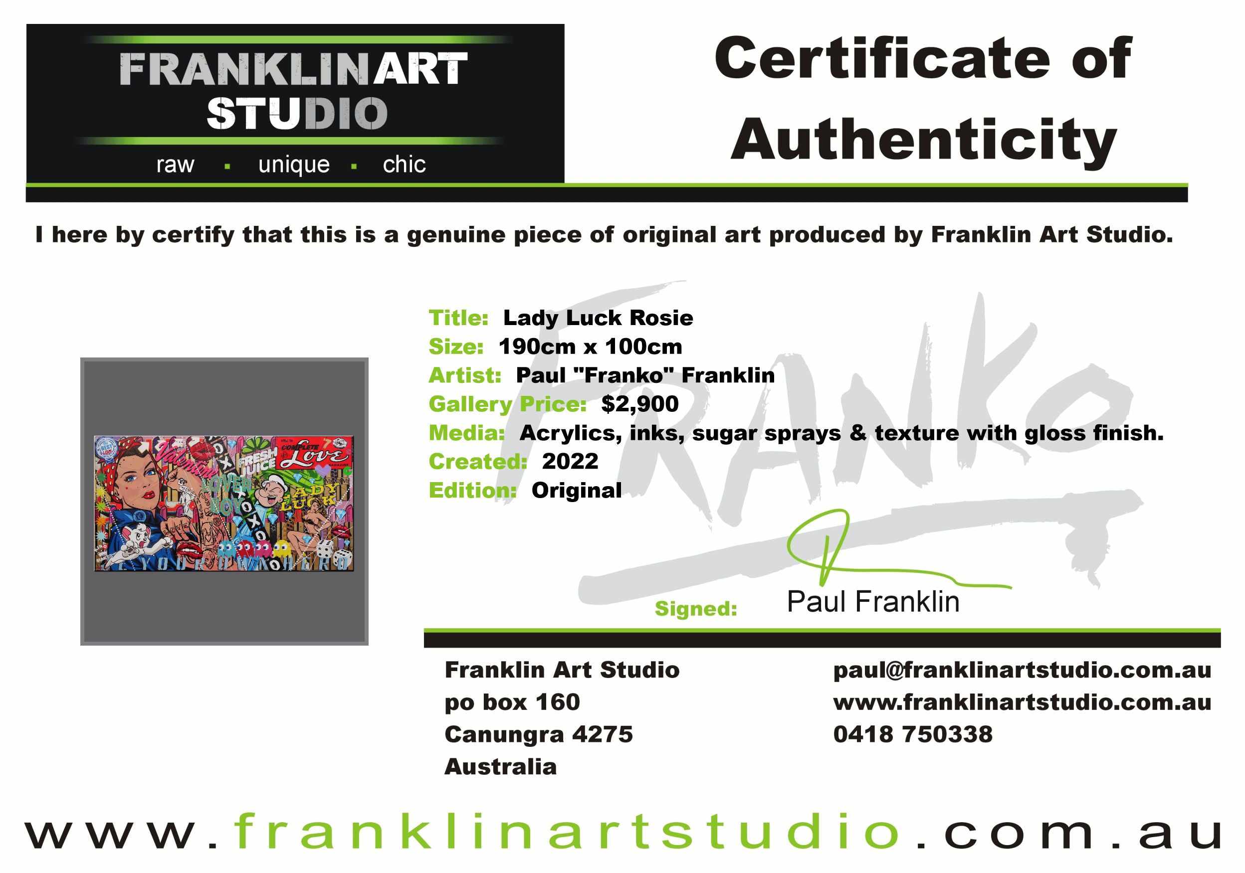 Lady Luck Rosie 190cm x 100cm Rosie The Riveter Textured Urban Pop Art Painting (SOLD)-Urban Pop Art-[Franko_Artist]-[The_Block]-[Dream_Homes]-[ideas]-[Grand_Designs]-[Art_Lover]-Franklin Art Studio