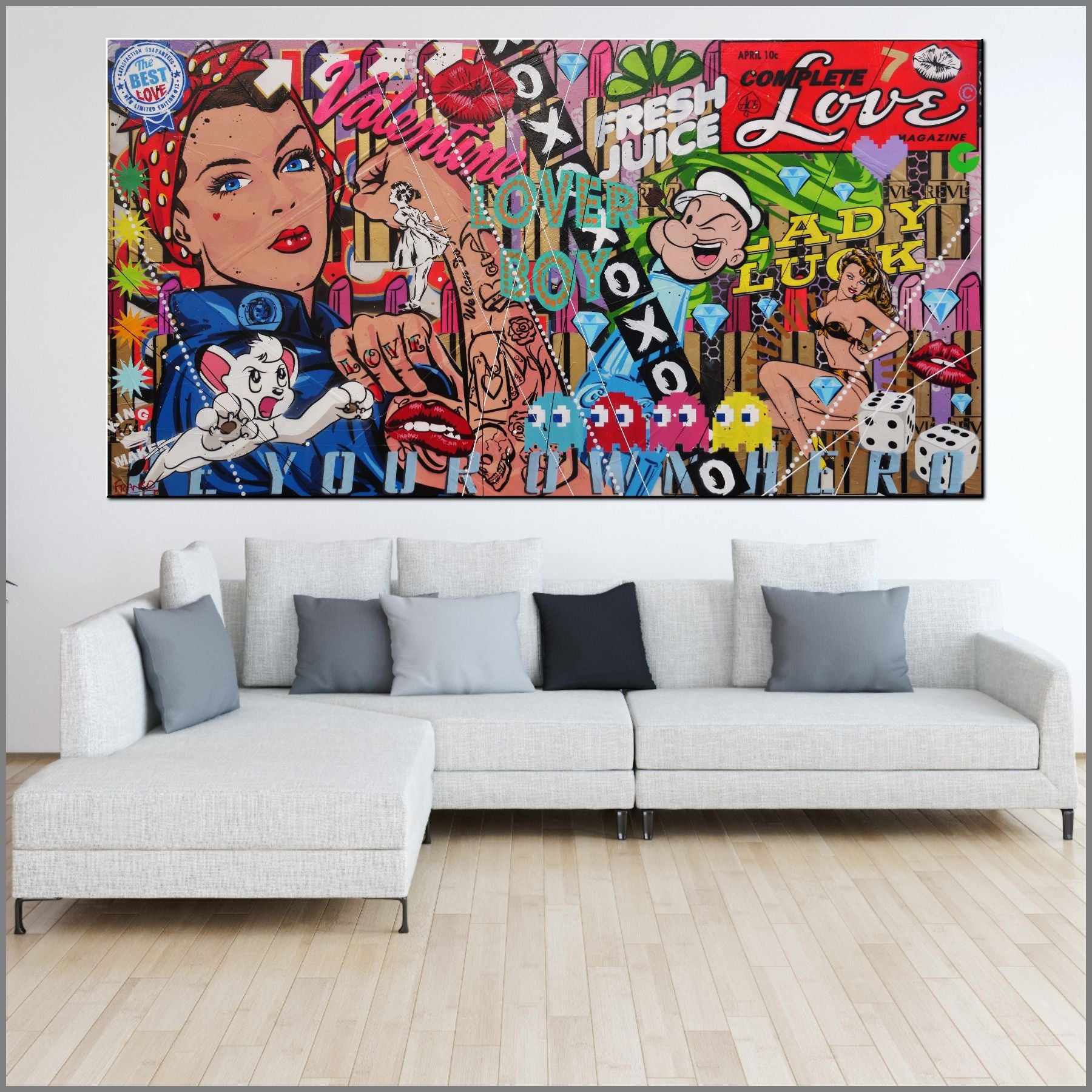Lady Luck Rosie 190cm x 100cm Rosie The Riveter Textured Urban Pop Art Painting (SOLD)-Urban Pop Art-[Franko_Artist]-[Australian_artist]-[Gold_Coast]-[Brisbane]-[modern]-[contemporary]-[original]-[Large_artwork]-[The_Block]-[Dream_Homes]-[ideas]-[Grand_Designs]-[Art_Lover]-Franklin Art Studio