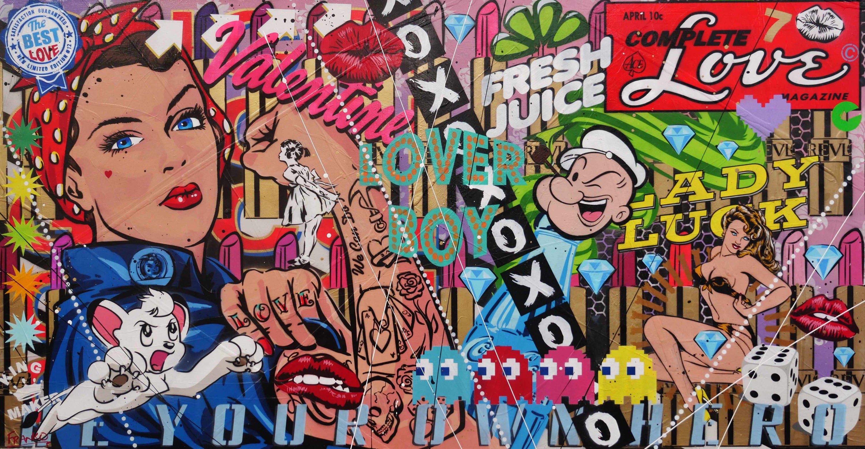 Lady Luck Rosie 190cm x 100cm Rosie The Riveter Textured Urban Pop Art Painting (SOLD)-Urban Pop Art-[Franko_Artist]-[Australian_artist]-[Gold_Coast]-[Brisbane]-[modern]-[contemporary]-[original]-[Large_artwork]-Franklin Art Studio