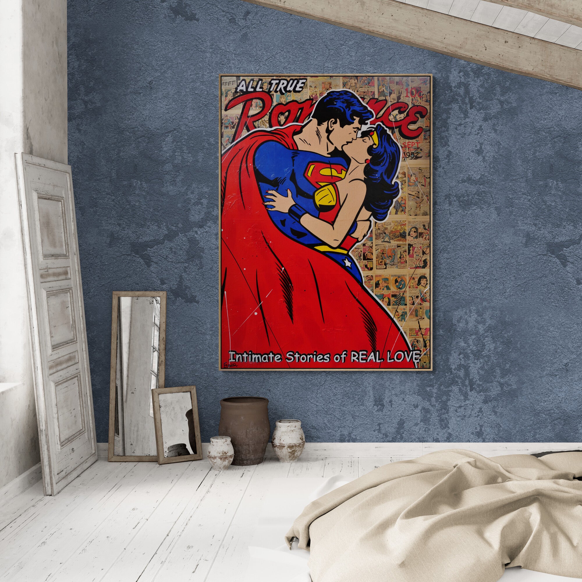 True Romancing 140cm x 100cm Superman Urban Pop Art Book Club Painting (SOLD)-book club-[Franko_Artist]-[The_Block]-[Dream_Homes]-[ideas]-[Grand_Designs]-[Art_Lover]-Franklin Art Studio