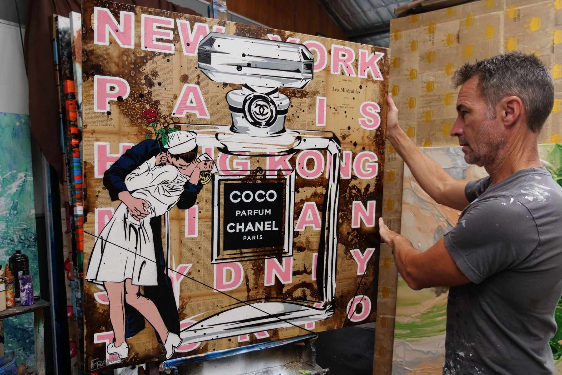 Le Kiss 100cm x 100cm Urban Pop Book Club Painting (SOLD)-book club-[Franko_Artist]-[The_Block]-[Dream_Homes]-[ideas]-[Grand_Designs]-[Art_Lover]-Franklin Art Studio