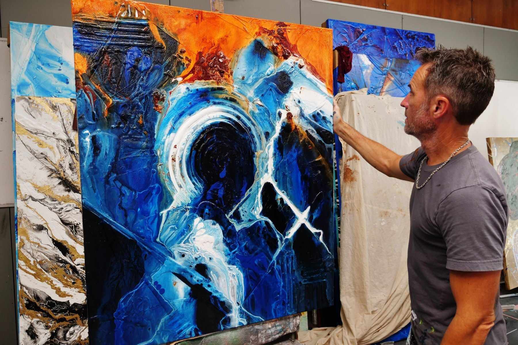 Leather and Sapphires 120cm x 100cm Blue Orange Textured Abstract Painting (SOLD)-Abstract-[Franko_Artist]-[The_Block]-[Dream_Homes]-[ideas]- [Grand_Designs]-Franklin Art Studio