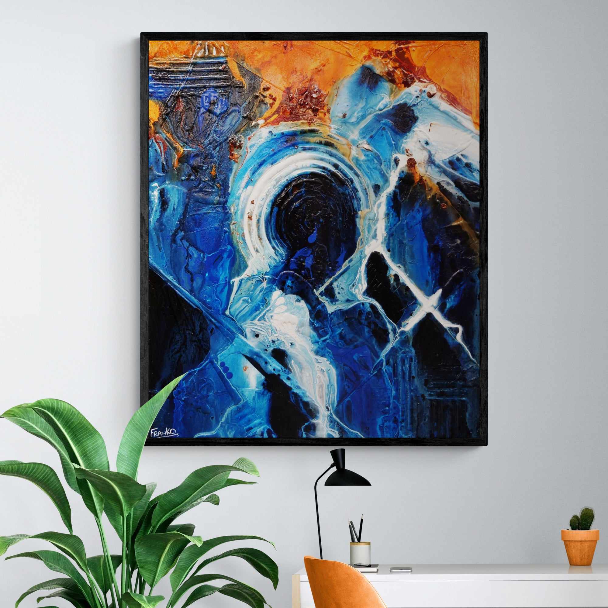 Leather and Sapphires 120cm x 100cm Blue Orange Textured Abstract Painting (SOLD)-Abstract-[Franko_Artist]-[The_Block]-[Dream_Homes]-[ideas]-[Grand_Designs]-[Art_Lover]-Franklin Art Studio