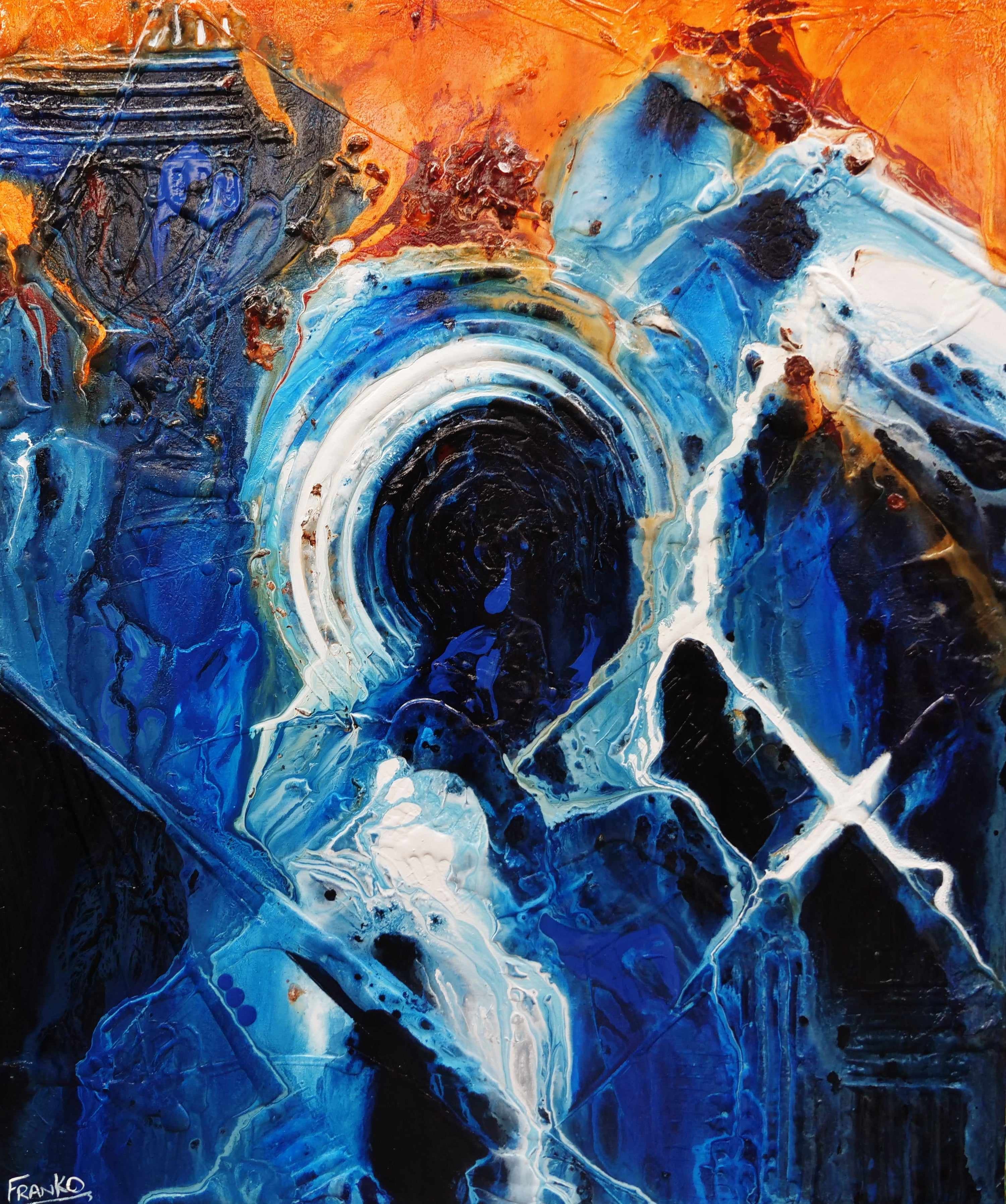 Leather and Sapphires 120cm x 100cm Blue Orange Textured Abstract Painting (SOLD)-Abstract-[Franko_Artist]-[Australian_artist]-[Gold_Coast]-[Brisbane]-[modern]-[contemporary]-[original]-[Large_artwork]-Franklin Art Studio