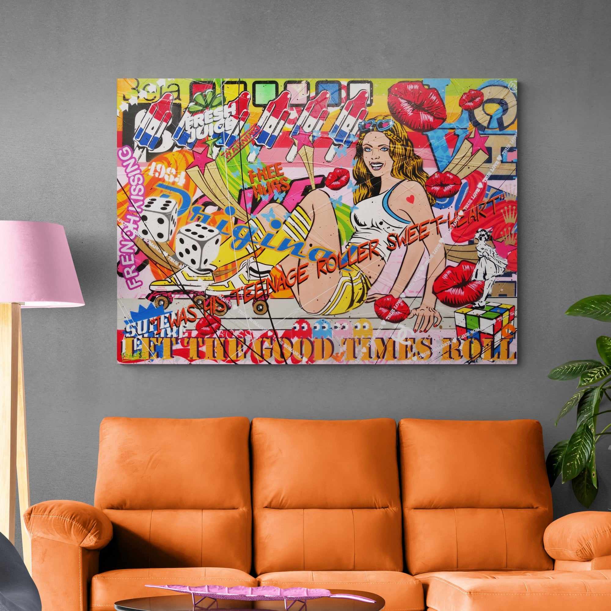 Let The Good Times Roll 140cm x 100cm Roller Skate Girl Textured Urban Pop Art Painting (SOLD)-Urban Pop Art-[Franko_Artist]-[The_Block]-[Dream_Homes]-[ideas]- [Grand_Designs]-Franklin Art Studio