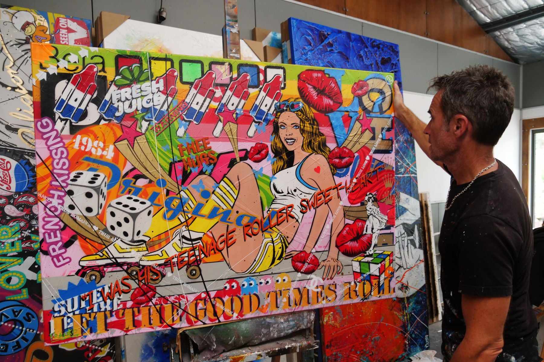 Let The Good Times Roll 140cm x 100cm Roller Skate Girl Textured Urban Pop Art Painting (SOLD)-Urban Pop Art-[Franko_Artist]-[The_Block]-[Dream_Homes]-[ideas]-[Grand_Designs]-[Art_Lover]-Franklin Art Studio