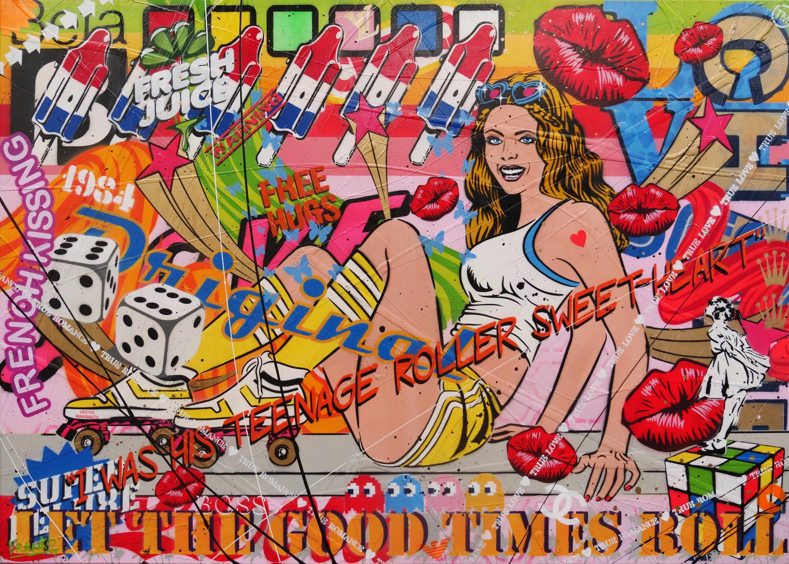 Let The Good Times Roll 140cm x 100cm Roller Skate Girl Textured Urban Pop Art Painting (SOLD)-Urban Pop Art-[Franko_Artist]-[Australian_artist]-[Gold_Coast]-[Brisbane]-[modern]-[contemporary]-[original]-[Large_artwork]-Franklin Art Studio