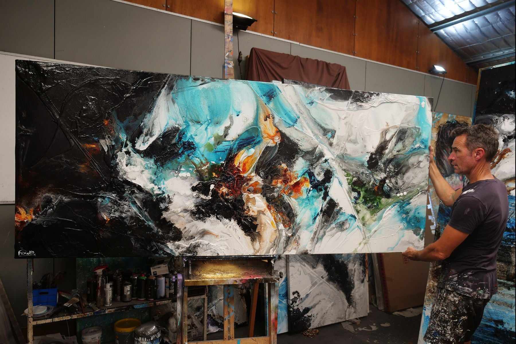 Life Potion 240cm x 100cm Teal Black White Textured Abstract Painting (SOLD)-Abstract-[Franko_Artist]-[The_Block]-[Dream_Homes]-[ideas]- [Grand_Designs]-Franklin Art Studio