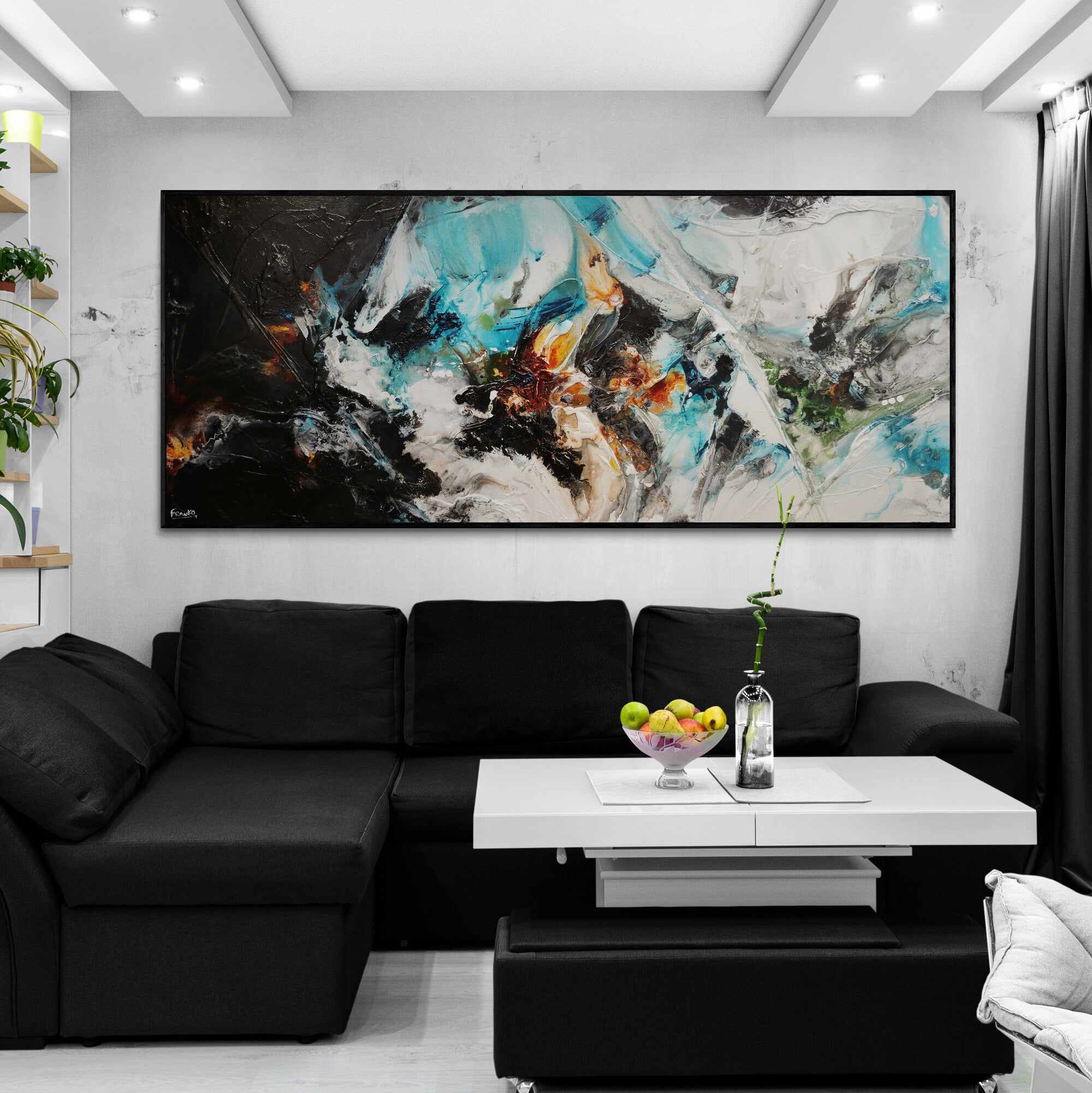 Life Potion 240cm x 100cm Teal Black White Textured Abstract Painting (SOLD)-Abstract-[Franko_Artist]-[The_Block]-[Dream_Homes]-[ideas]-[Grand_Designs]-[Art_Lover]-Franklin Art Studio