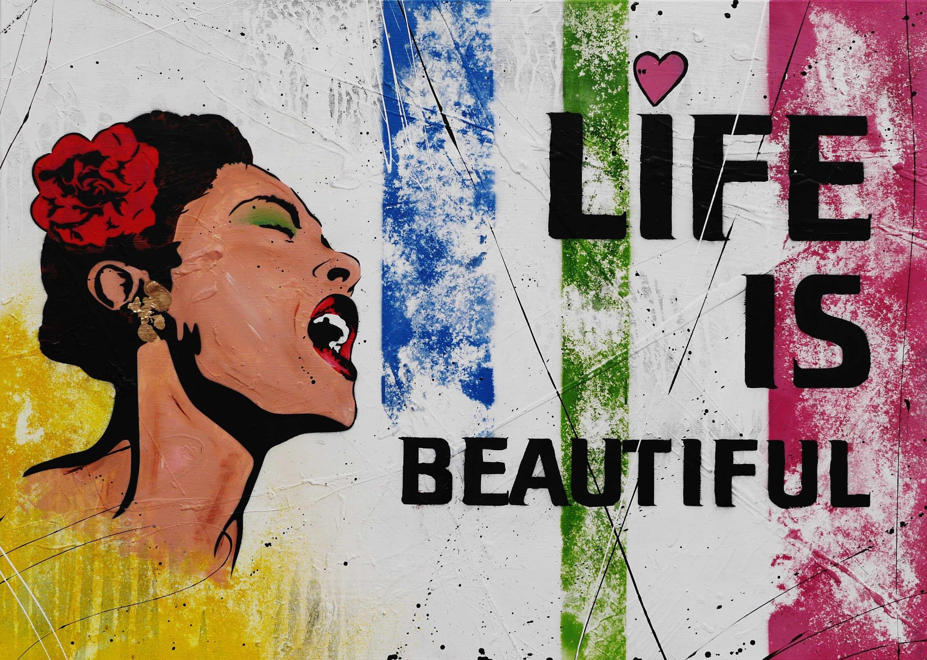Life is Beautiful 140cm x 100cm Billie Holiday Textured Urban Pop Art Painting-urban pop-[Franko_Artist]-[Australian_artist]-[Gold_Coast]-[Brisbane]-[modern]-[contemporary]-[original]-[Large_artwork]-Franklin Art Studio