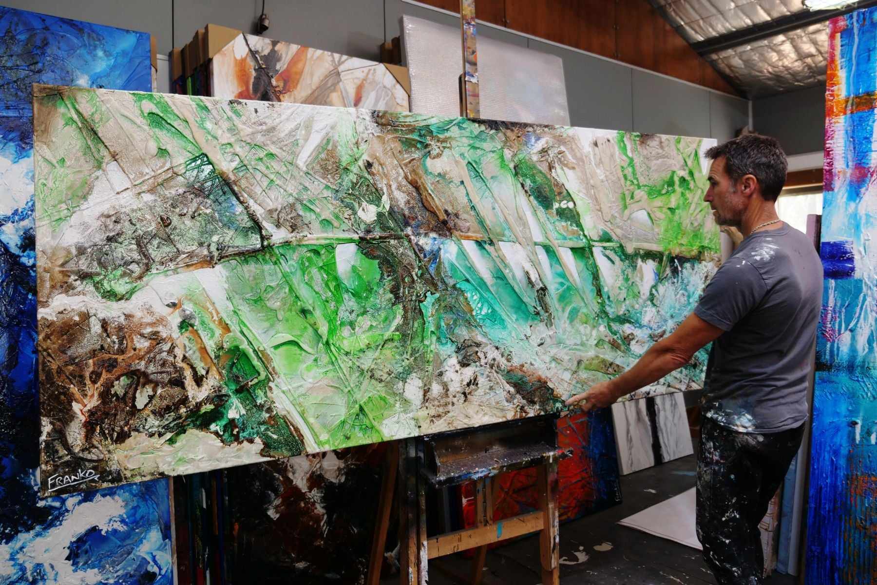 Lime and Cinnamon 240cm x 100cm Green Cream Textured Abstract Painting (SOLD)-Abstract-[Franko_Artist]-[The_Block]-[Dream_Homes]-[ideas]- [Grand_Designs]-Franklin Art Studio