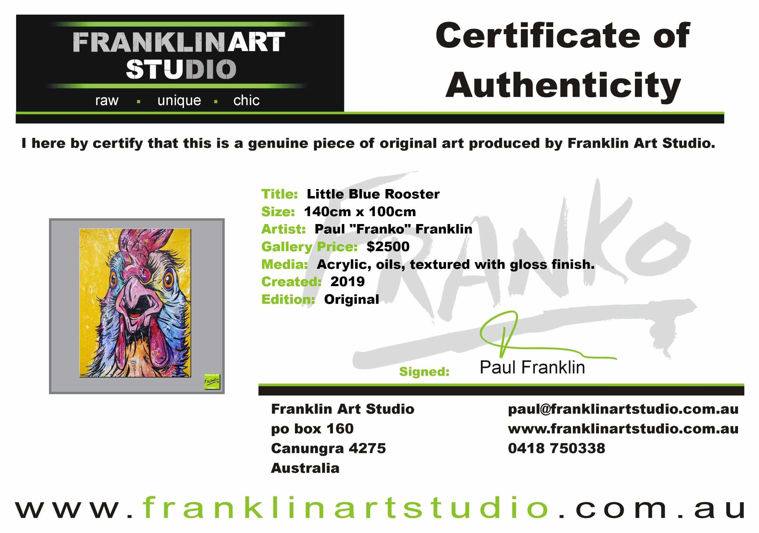 Little Blue Rooster 140cm x 100cm Chicken Yellow Painting (SOLD)-abstract realism-[Franko_Artist]-[The_Block]-[Dream_Homes]-[ideas]- [Grand_Designs]-Franklin Art Studio