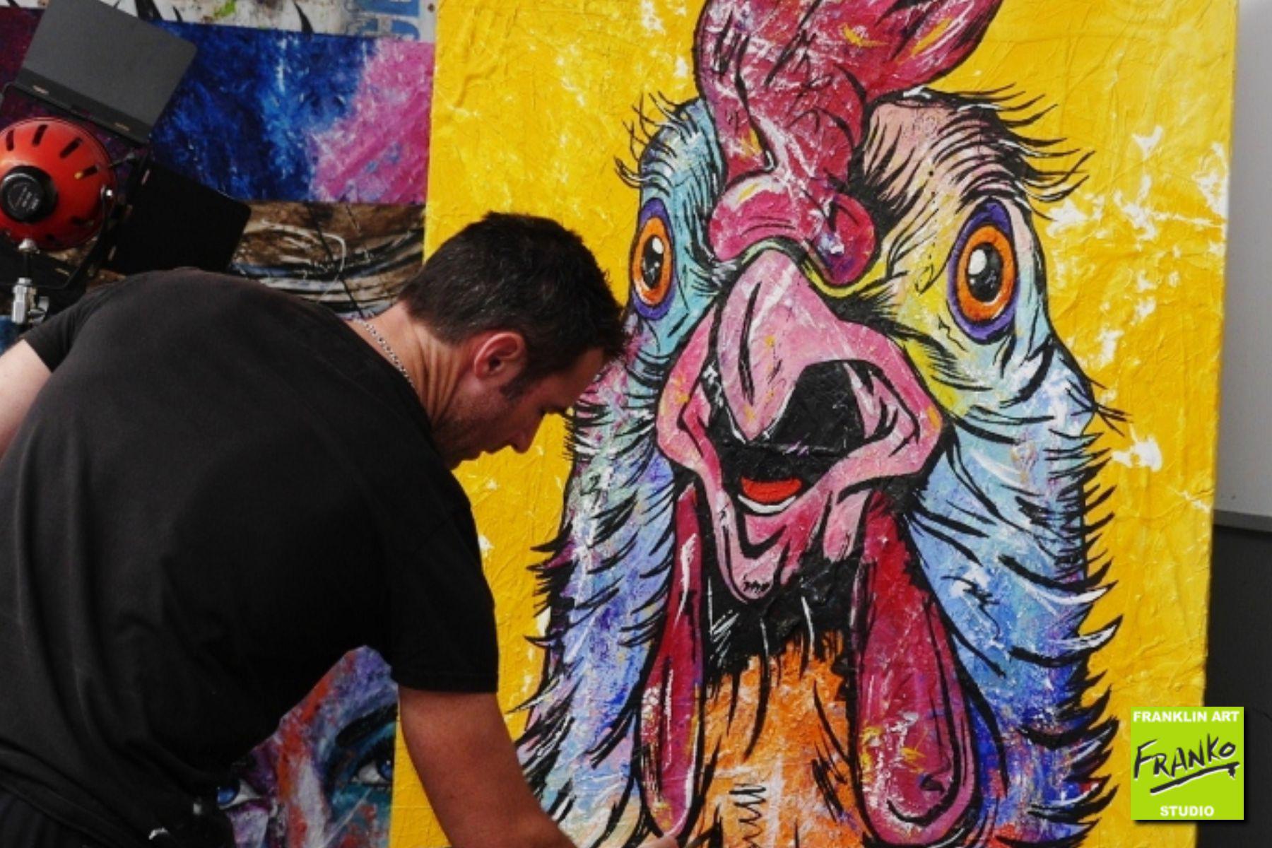 Little Blue Rooster 140cm x 100cm Chicken Yellow Painting (SOLD)-abstract realism-[Franko_Artist]-[The_Block]-[Dream_Homes]-[ideas]-[Grand_Designs]-[Art_Lover]-Franklin Art Studio
