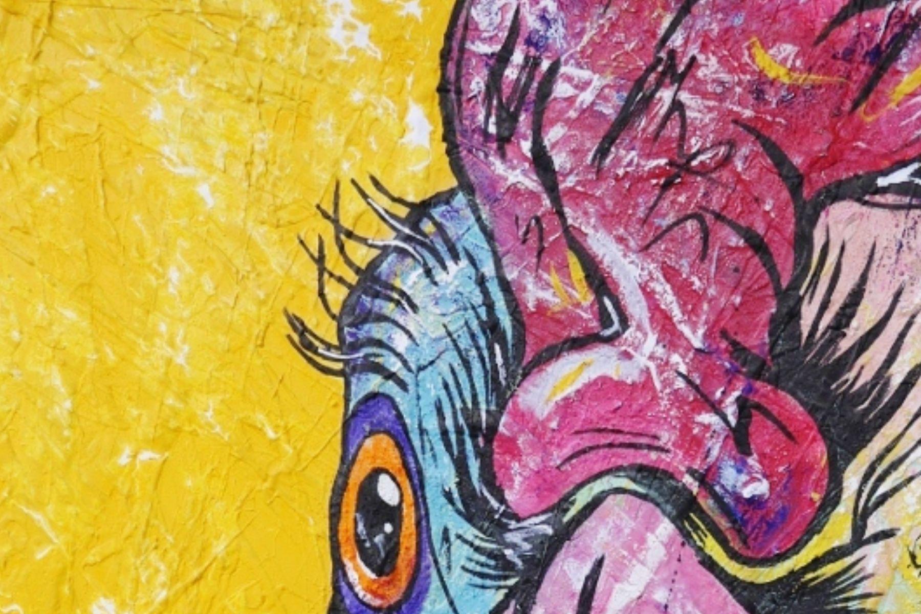 Little Blue Rooster 140cm x 100cm Chicken Yellow Painting (SOLD)-abstract realism-[Franko]-[Artist]-[Australia]-[Painting]-Franklin Art Studio