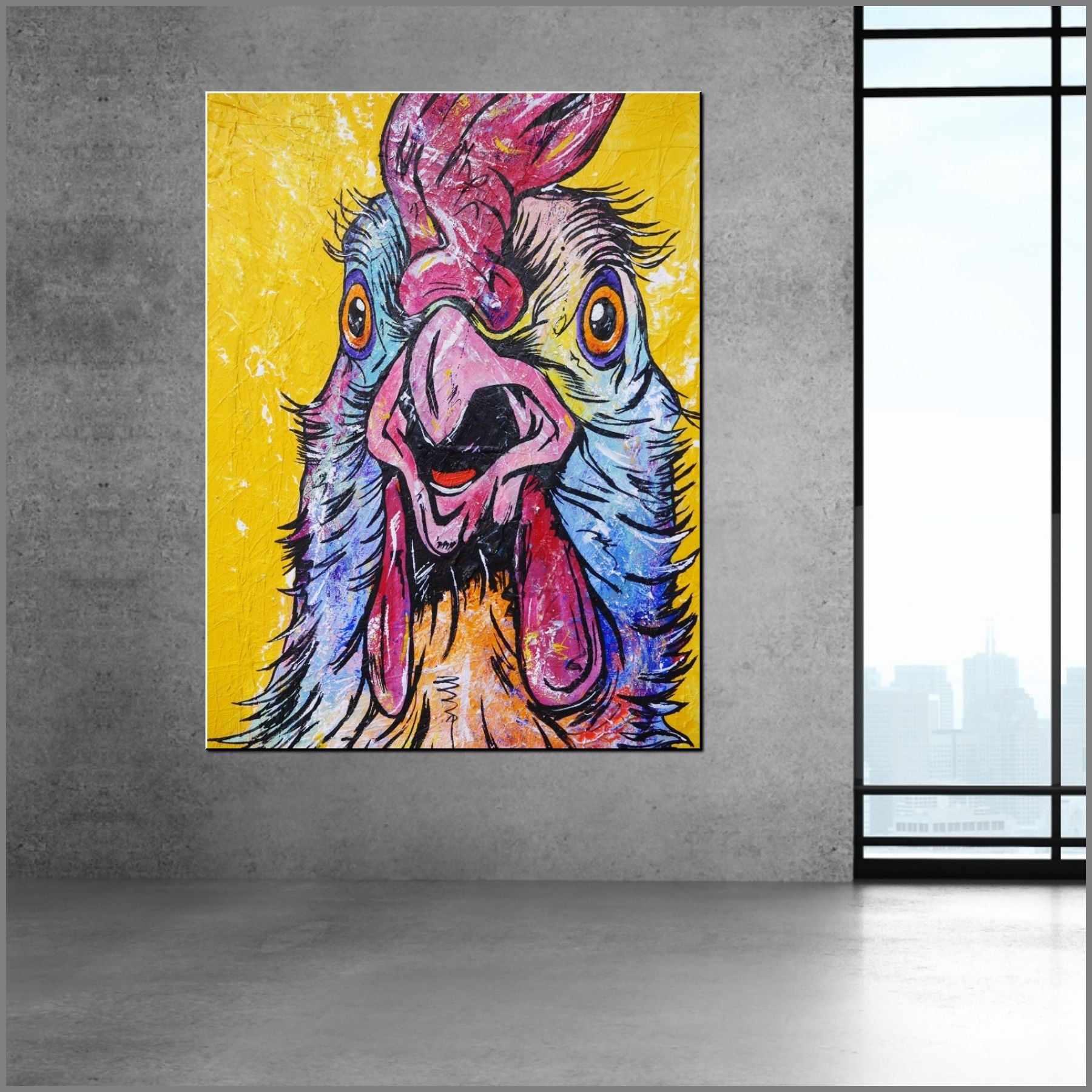 Little Blue Rooster 140cm x 100cm Chicken Yellow Painting (SOLD)-abstract realism-[Franko_Artist]-[Australian_artist]-[Gold_Coast]-[Brisbane]-[modern]-[contemporary]-[original]-[Large_artwork]-[The_Block]-[Dream_Homes]-[ideas]-[Grand_Designs]-[Art_Lover]-Franklin Art Studio