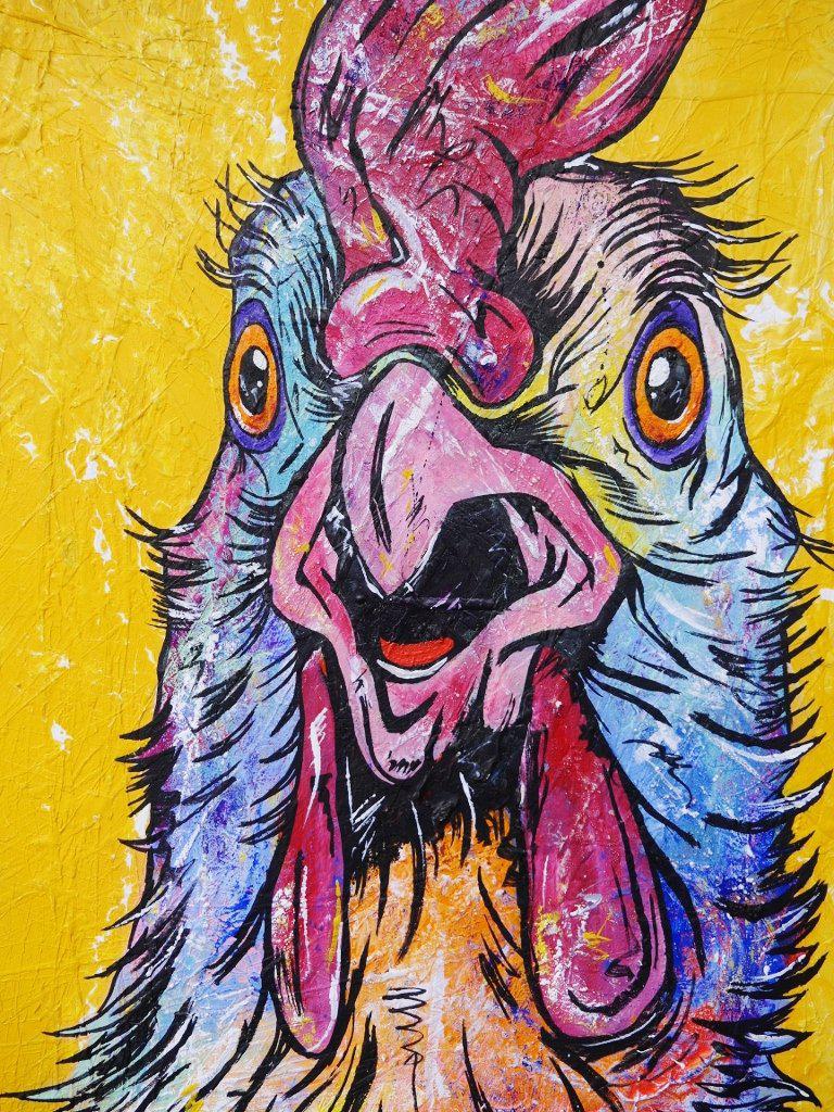 Little Blue Rooster 140cm x 100cm Chicken Yellow Painting (SOLD)-abstract realism-[Franko_Artist]-[Australian_artist]-[Gold_Coast]-[Brisbane]-[modern]-[contemporary]-[original]-[Large_artwork]-Franklin Art Studio