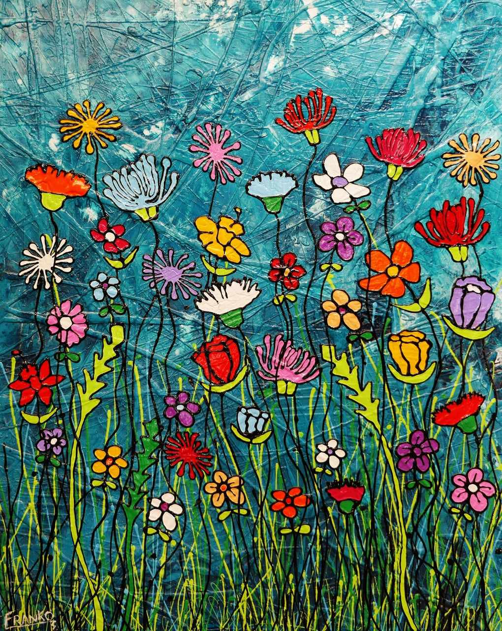 Loaded Bunch 120cm x 150cm Flower Garden Urban Pop Painting (SOLD)-Landscape-[Franko_Artist]-[Australian_artist]-[Gold_Coast]-[Brisbane]-[modern]-[contemporary]-[original]-[Large_artwork]-Franklin Art Studio