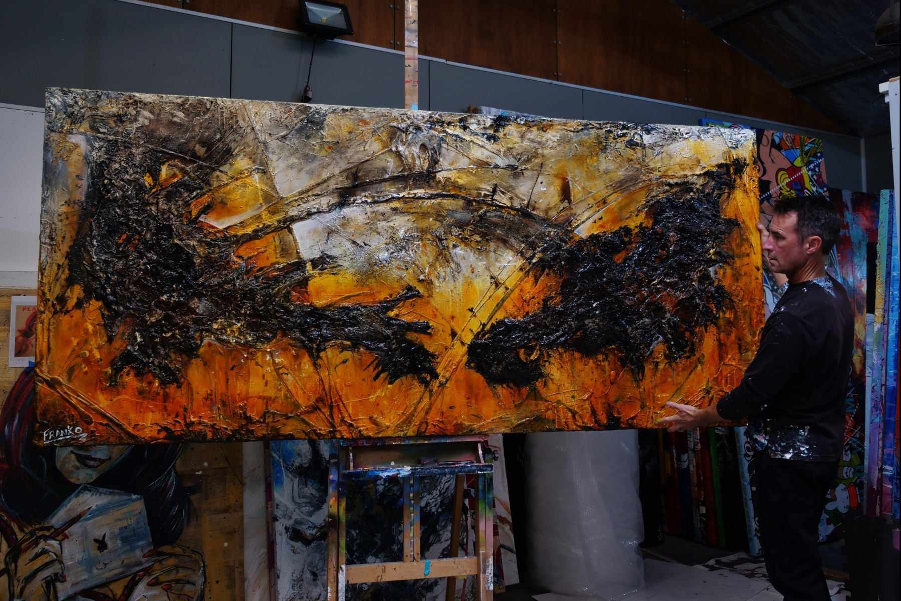 Loaded Sienna 270cm x 120cm Sienna Black Textured Abstract Painting (SOLD)-Abstract-[Franko_Artist]-[The_Block]-[Dream_Homes]-[ideas]- [Grand_Designs]-Franklin Art Studio