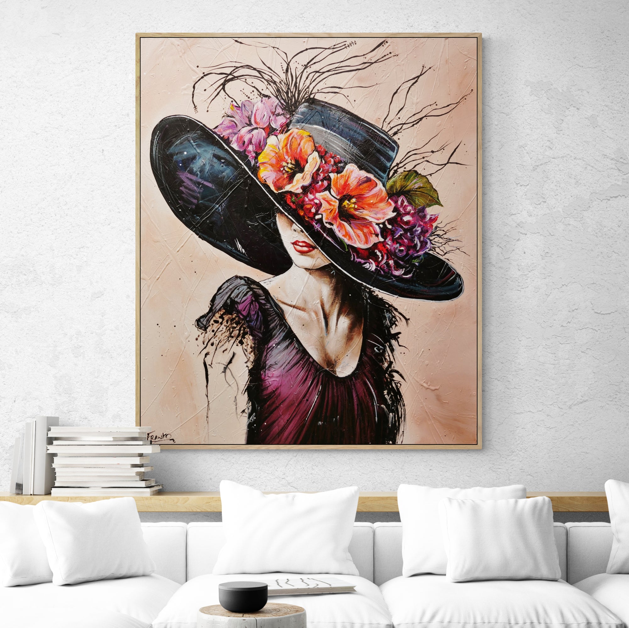 Brittany 120cm x 100cm Flower Hat Abstract Elegance Textured Painting (SOLD)-people-[Franko_Artist]-[Australian_artist]-[Gold_Coast]-[Brisbane]-[modern]-[contemporary]-[original]-[Large_artwork]-[The_Block]-[Dream_Homes]-[ideas]-[Grand_Designs]-[Art_Lover]-Franklin Art Studio