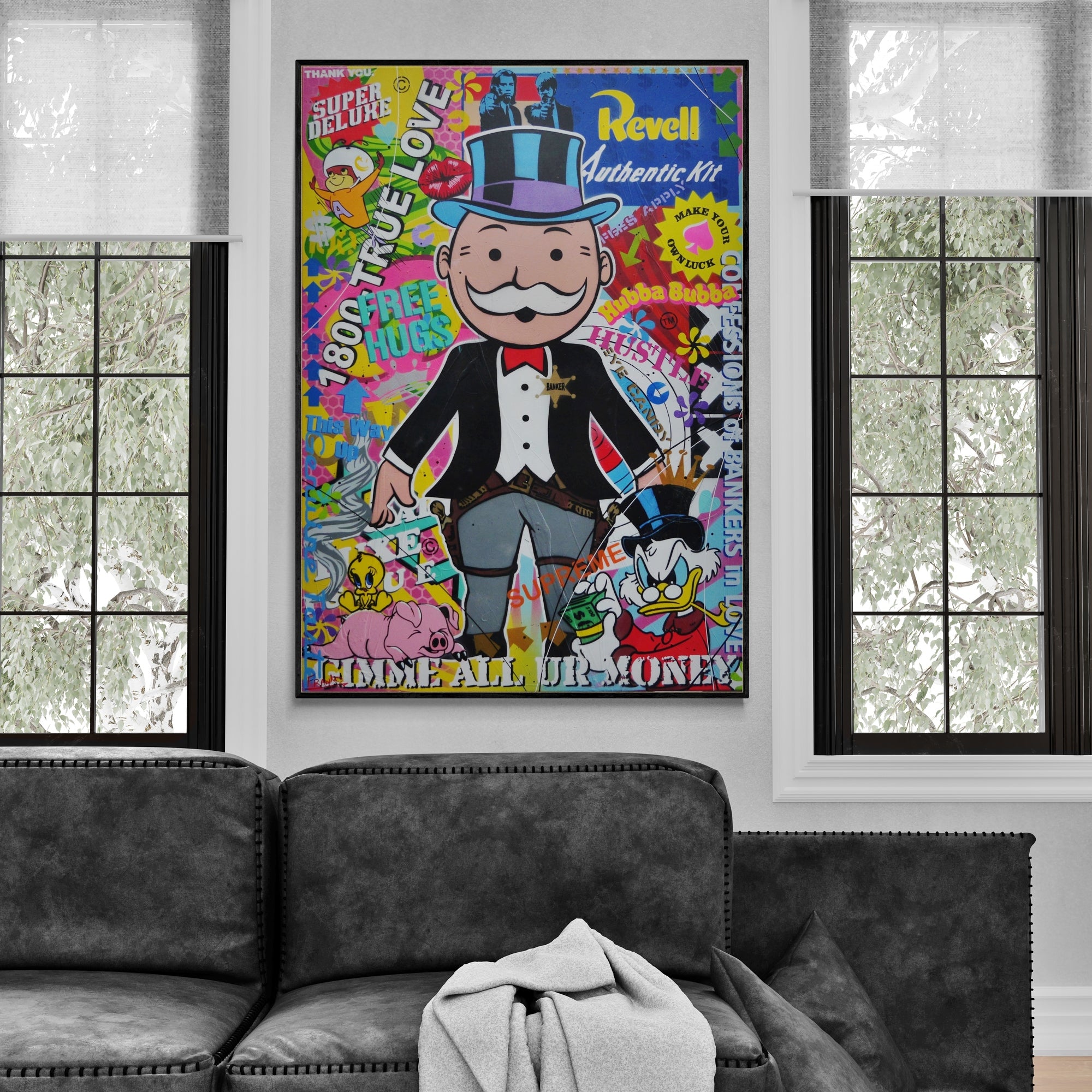 The Banker 140cm x 100cm Monopoly Man Textured Urban Pop Art Painting (SOLD)-Urban Pop Art-[Franko_Artist]-[Australian_artist]-[Gold_Coast]-[Brisbane]-[modern]-[contemporary]-[original]-[Large_artwork]-[The_Block]-[Dream_Homes]-[ideas]-[Grand_Designs]-[Art_Lover]-Franklin Art Studio