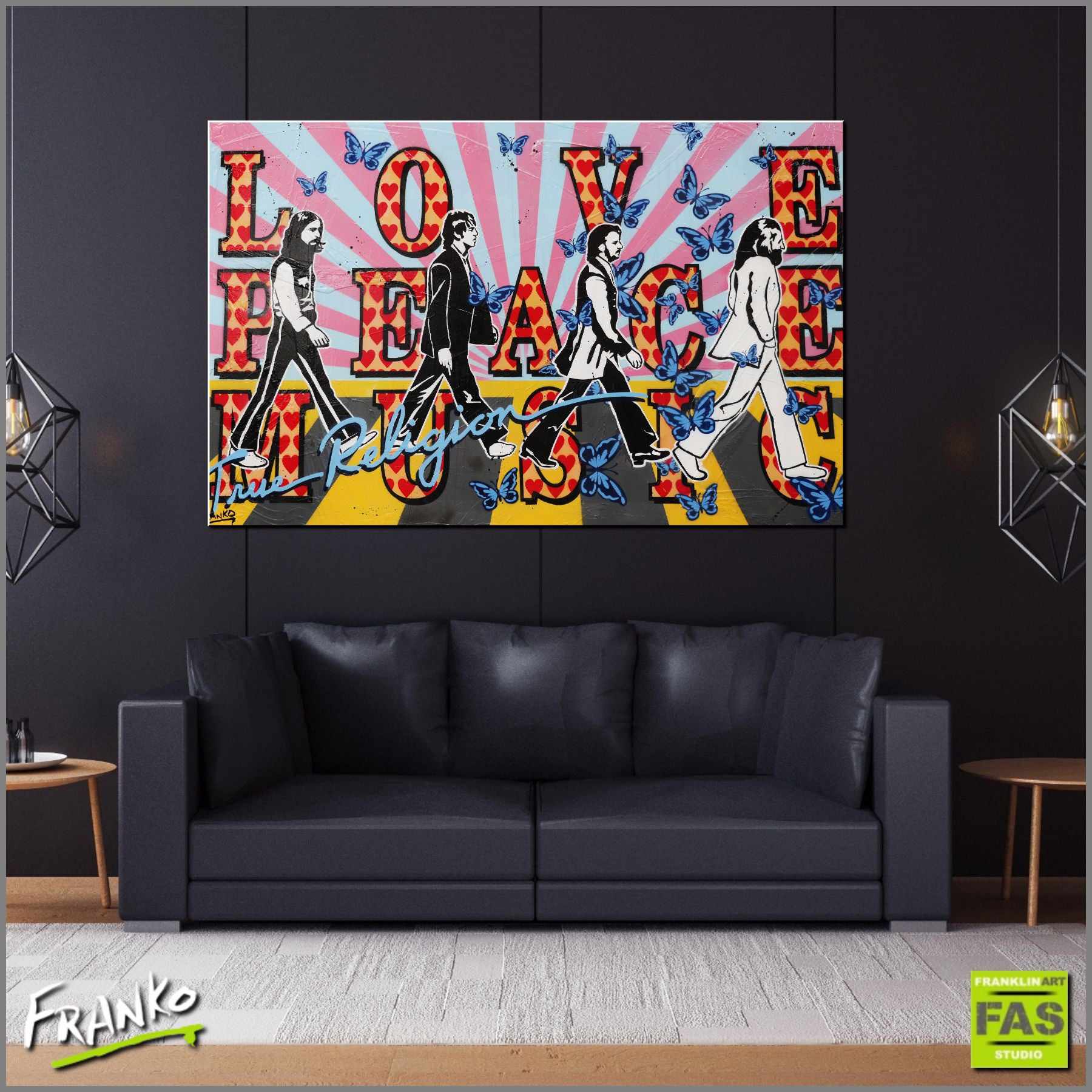 Love, Peace, Music 160cm x 100cm Beatles Pop Art Painting-urban pop-[Franko_Artist]-[Australian_artist]-[Gold_Coast]-[Brisbane]-[modern]-[contemporary]-[original]-[Large_artwork]-[The_Block]-[Dream_Homes]-[ideas]-[Grand_Designs]-[Art_Lover]-Franklin Art Studio