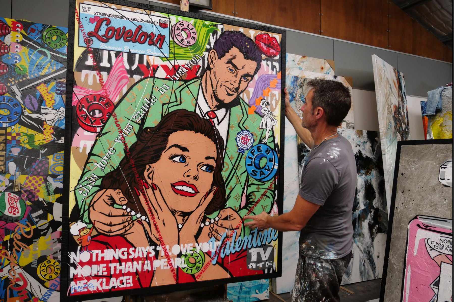 Love and Pearl Necklaces 120cm x 150cm Pearl Necklace Textured Urban Pop Art Painting (SOLD) With Custom Etched Frame-Urban Pop Art-[Franko]-[Australian]-[Popular]-[Best Selling]-Franklin Art Studio