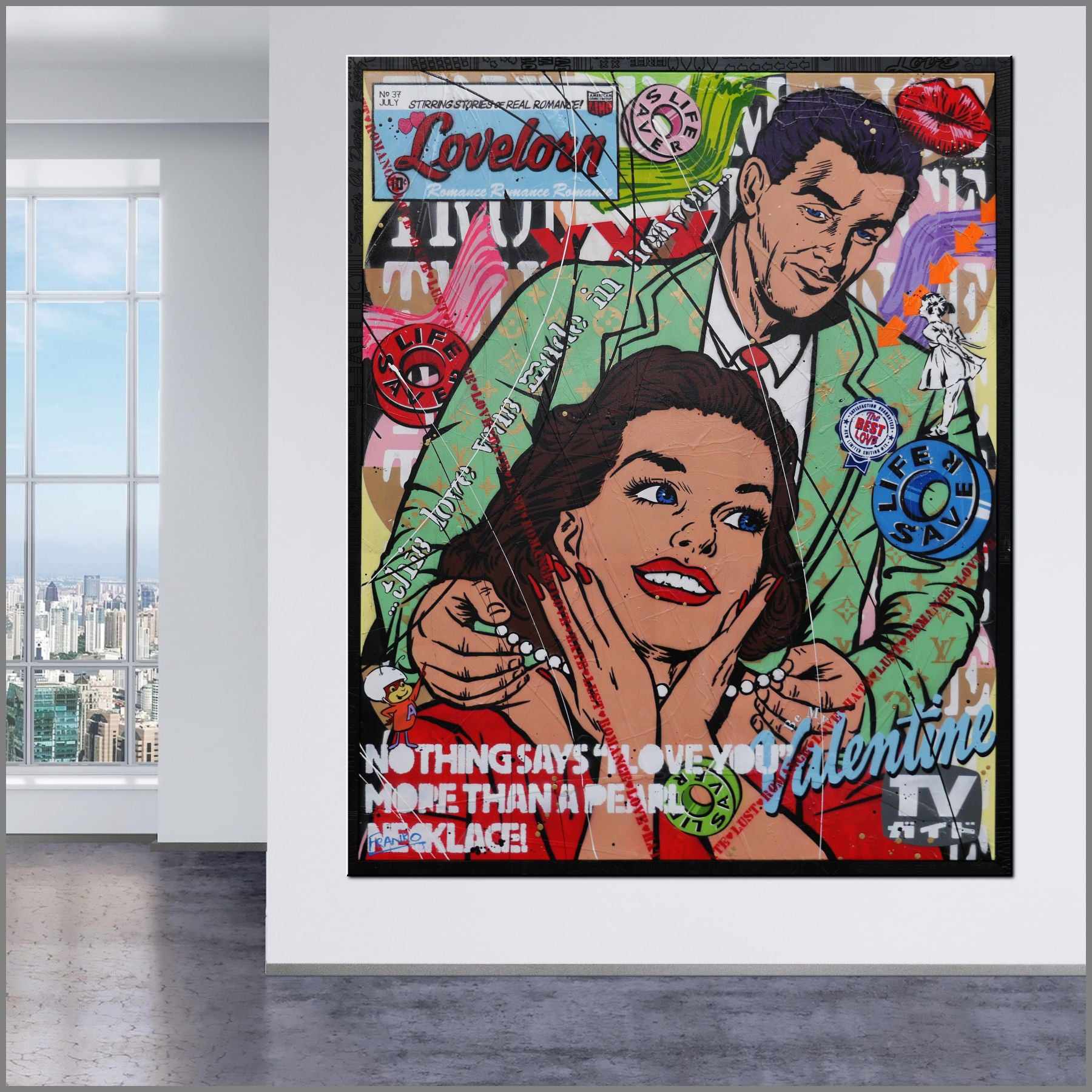 update alt-text with template Love and Pearl Necklaces 120cm x 150cm Pearl Necklace Textured Urban Pop Art Painting (SOLD) With Custom Etched Frame-Urban Pop Art-[Franko_Artist]-[The_Block]-[Dream_Homes]-[ideas]- [Grand_Designs]-Franklin Art Studio