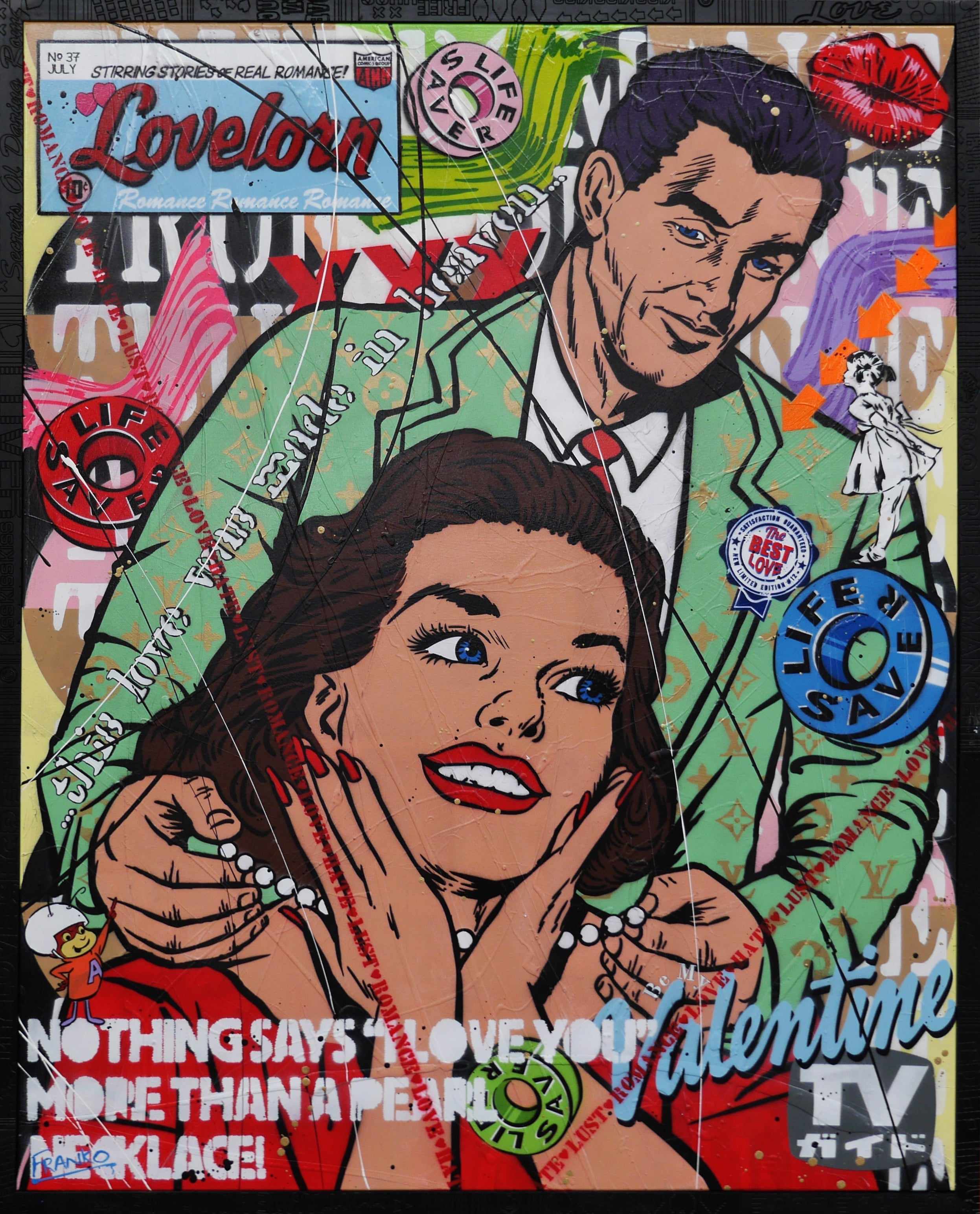 Love and Pearl Necklaces 120cm x 150cm Pearl Necklace Textured Urban Pop Art Painting (SOLD) With Custom Etched Frame-Urban Pop Art-[Franko_Artist]-[Australian_artist]-[Gold_Coast]-[Brisbane]-[modern]-[contemporary]-[original]-[Large_artwork]-Franklin Art Studio