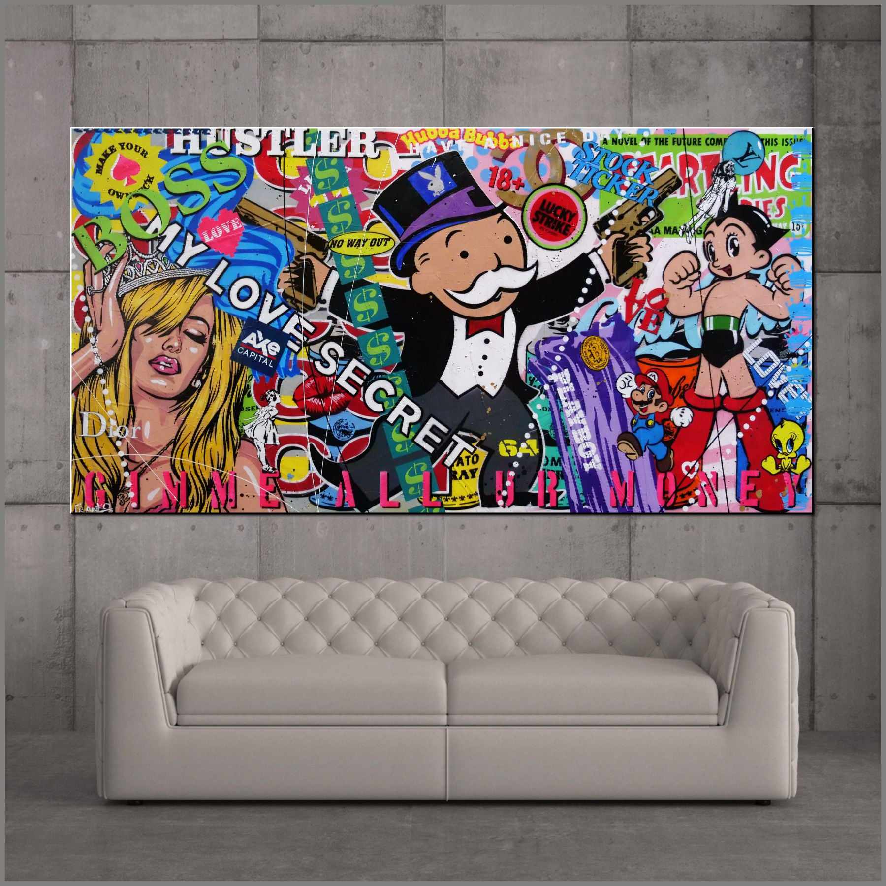 Lucky Strike Monopoly 190cm x 100cm Monopoly Man Textured Urban Pop Art Painting (SOLD)-Urban Pop Art-[Franko_Artist]-[Australian_artist]-[Gold_Coast]-[Brisbane]-[modern]-[contemporary]-[original]-[Large_artwork]-[The_Block]-[Dream_Homes]-[ideas]-[Grand_Designs]-[Art_Lover]-Franklin Art Studio