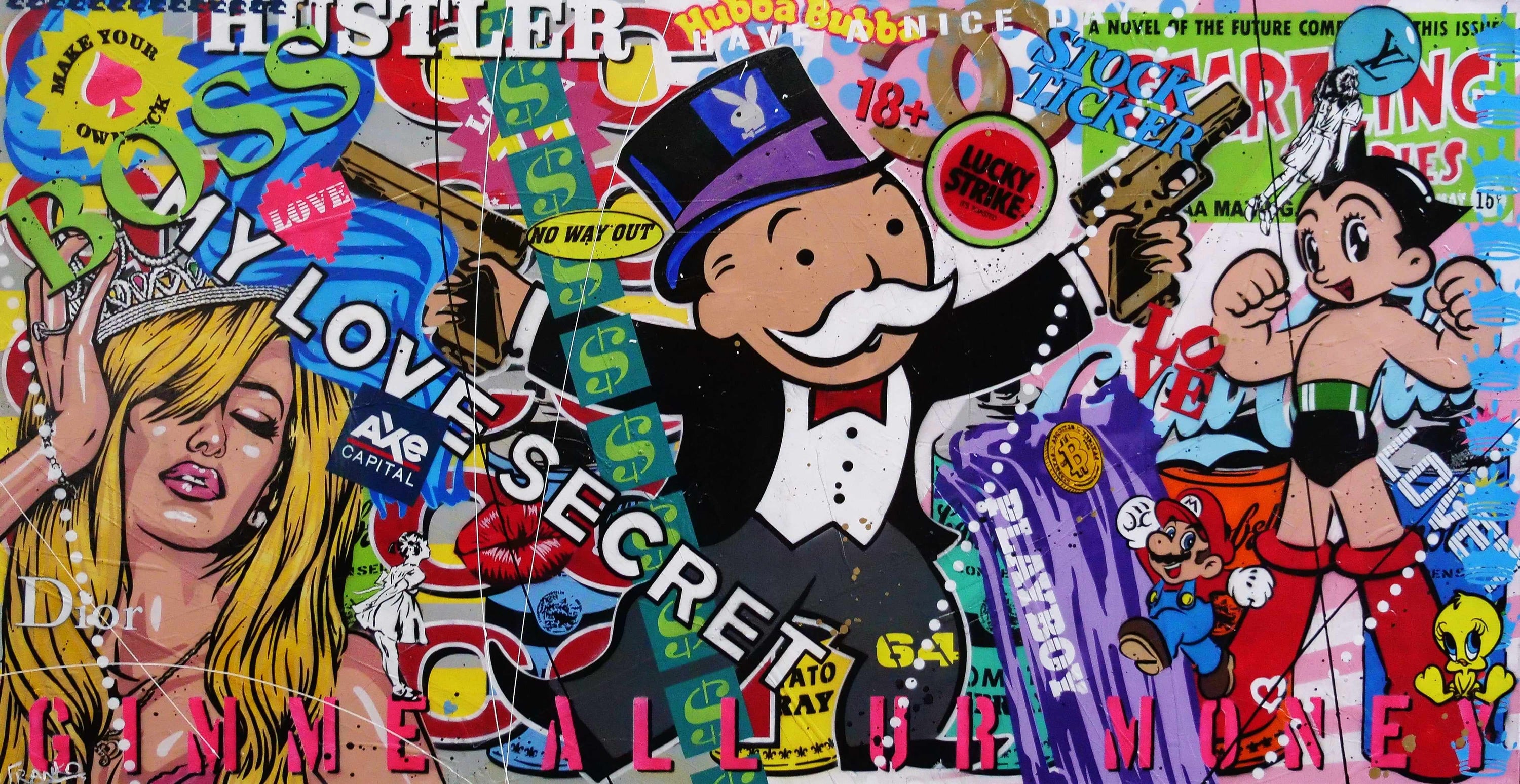 Lucky Strike Monopoly 190cm x 100cm Monopoly Man Textured Urban Pop Art Painting (SOLD)-Urban Pop Art-[Franko_Artist]-[Australian_artist]-[Gold_Coast]-[Brisbane]-[modern]-[contemporary]-[original]-[Large_artwork]-Franklin Art Studio