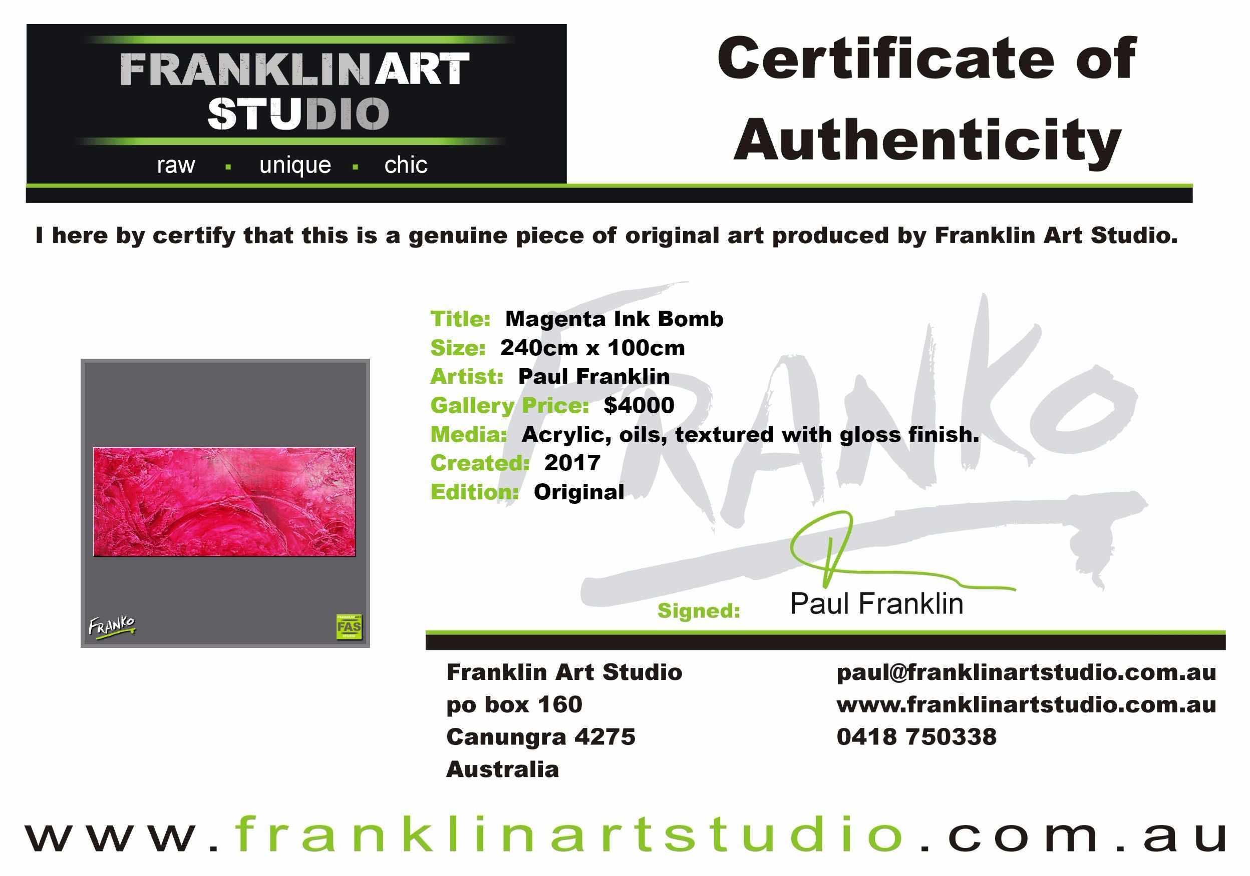 Magenta Bomb 240cm x 100cm *PURE INFUSED INK* Pink Abstract Painting (SOLD)-abstract-[Franko_Artist]-[The_Block]-[Dream_Homes]-[ideas]-[Grand_Designs]-[Art_Lover]-Franklin Art Studio