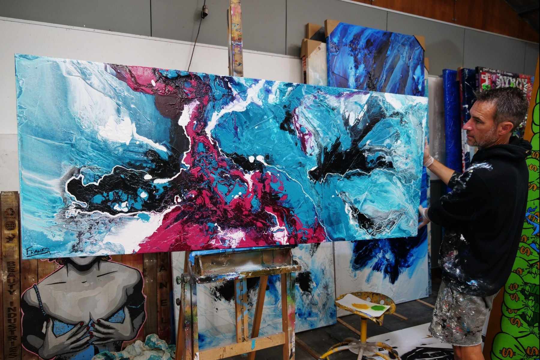 Magenta Seduction 200cm x 80cm Pink Blue Textured Abstract Painting (SOLD)-Abstract-[Franko_Artist]-[The_Block]-[Dream_Homes]-[ideas]- [Grand_Designs]-Franklin Art Studio