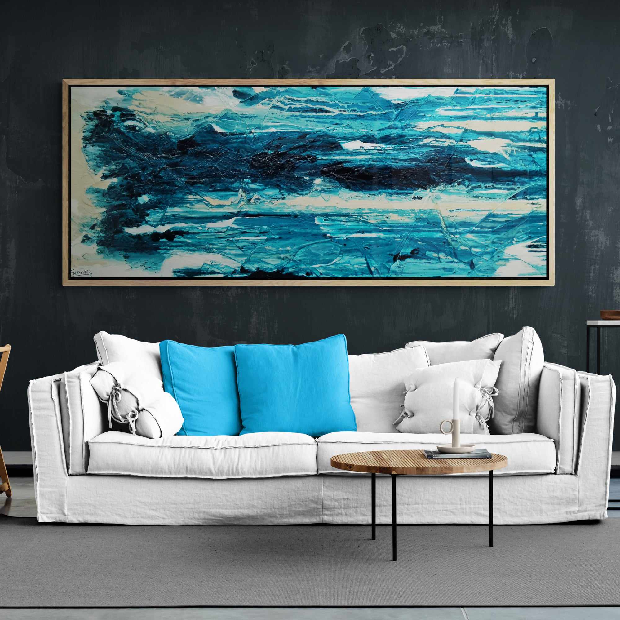 Malted Southern 200cm x 80cm Teal Cream White Textured Abstract Painting (SOLD)-Abstract-[Franko_Artist]-[The_Block]-[Dream_Homes]-[ideas]- [Grand_Designs]-Franklin Art Studio