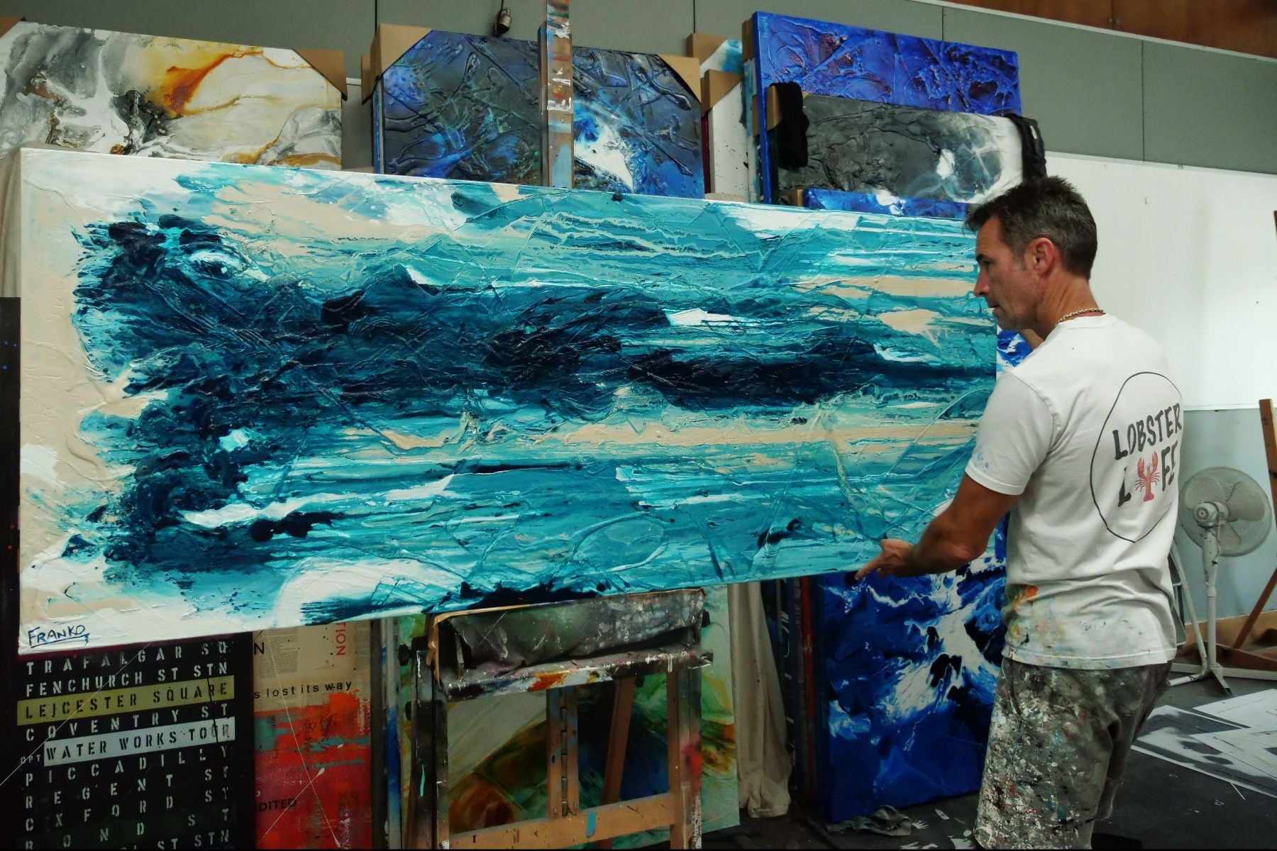 Malted Southern 200cm x 80cm Teal Cream White Textured Abstract Painting (SOLD)-Abstract-[Franko_Artist]-[The_Block]-[Dream_Homes]-[ideas]-[Grand_Designs]-[Art_Lover]-Franklin Art Studio
