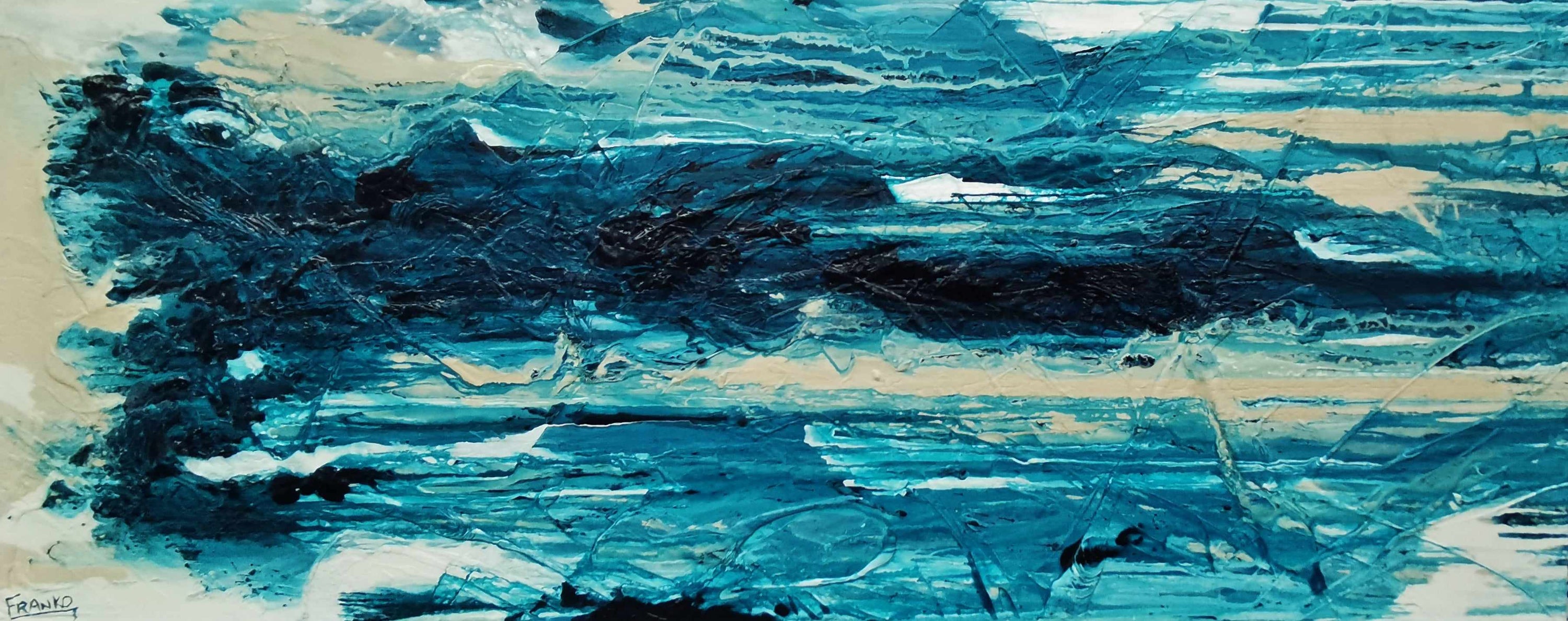 Malted Southern 200cm x 80cm Teal Cream White Textured Abstract Painting (SOLD)-Abstract-[Franko_Artist]-[Australian_artist]-[Gold_Coast]-[Brisbane]-[modern]-[contemporary]-[original]-[Large_artwork]-Franklin Art Studio