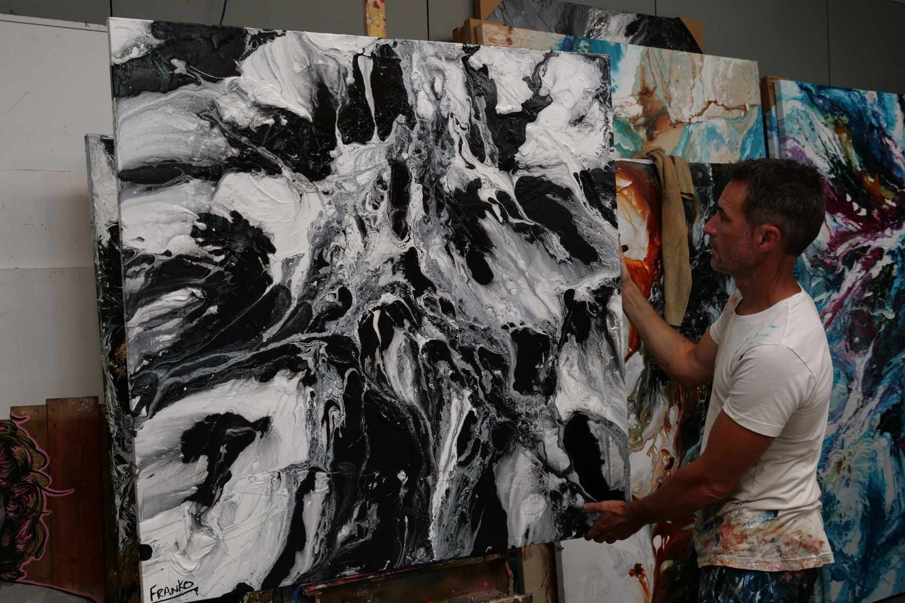 Marbled 120cm x 120cm Black White Textured Abstract Painting (SOLD)-Abstract-[Franko_Artist]-[The_Block]-[Dream_Homes]-[ideas]- [Grand_Designs]-Franklin Art Studio