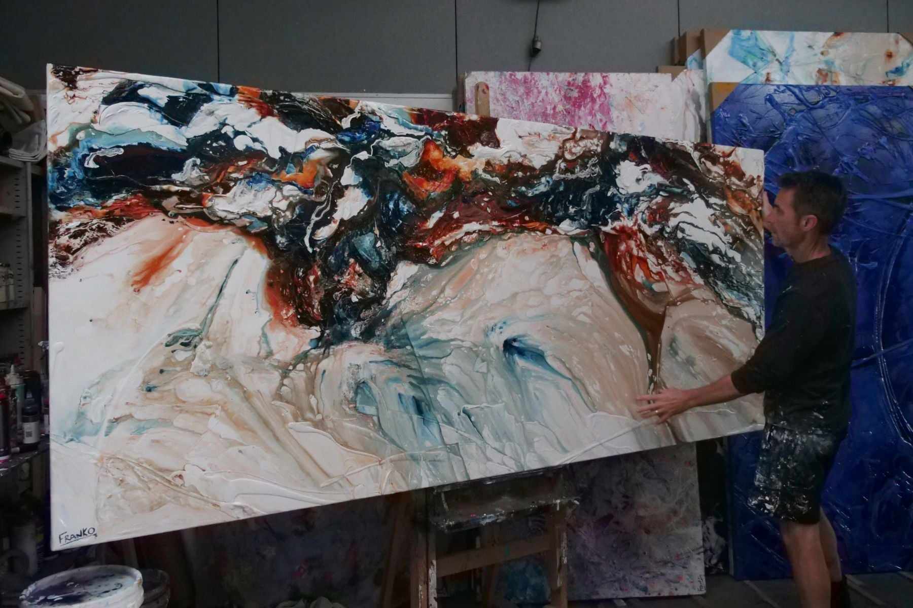 Marbled Coast 270cm x 120cm Oxide Blue White Textured Abstract Painting (SOLD)-Abstract-[Franko]-[Australian]-[Popular]-[Best Selling]-Franklin Art Studio