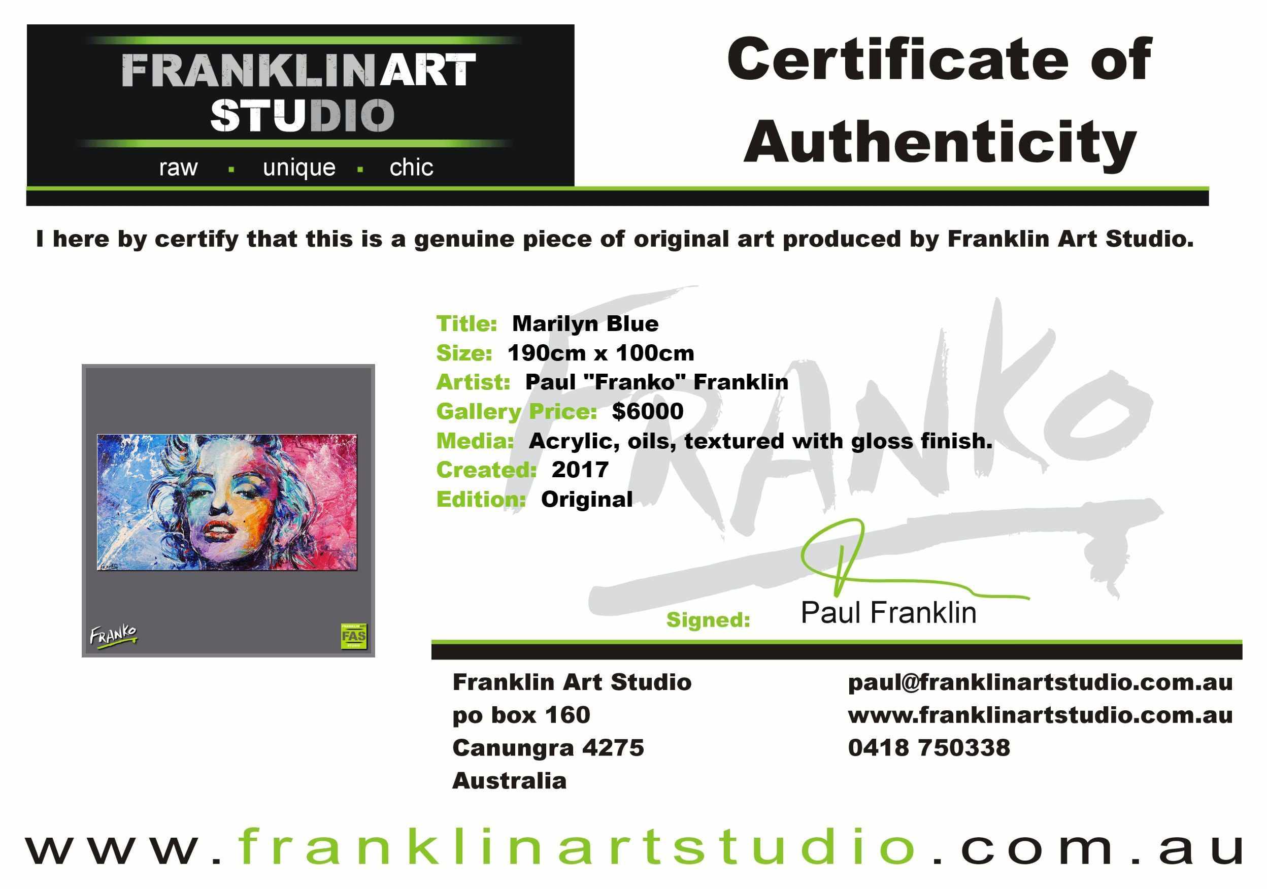 Marilyn Blue 190cm x 100cm Marilyn Monroe Painting (SOLD)-abstract realism-[Franko_Artist]-[The_Block]-[Dream_Homes]-[ideas]- [Grand_Designs]-Franklin Art Studio