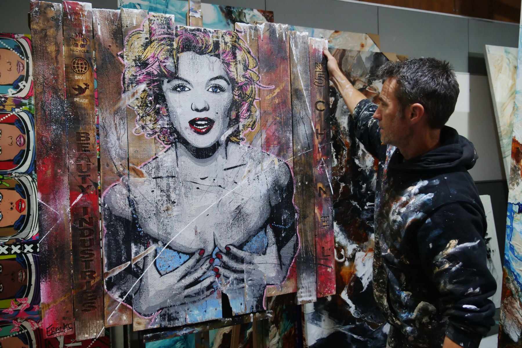 Marilyn... Beautiful Disaster 113cm x 113cm Marilyn Monroe Industrial Recycled Palette Pop Art Painting (SOLD)-urban pop-[Franko_Artist]-[The_Block]-[Dream_Homes]-[ideas]- [Grand_Designs]-Franklin Art Studio