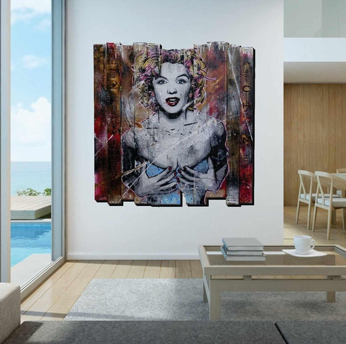 Marilyn... Beautiful Disaster 113cm x 113cm Marilyn Monroe Industrial Recycled Palette Pop Art Painting (SOLD)-urban pop-[Franko_Artist]-[Australian_artist]-[Gold_Coast]-[Brisbane]-[modern]-[contemporary]-[original]-[Large_artwork]-[The_Block]-[Dream_Homes]-[ideas]-[Grand_Designs]-[Art_Lover]-Franklin Art Studio