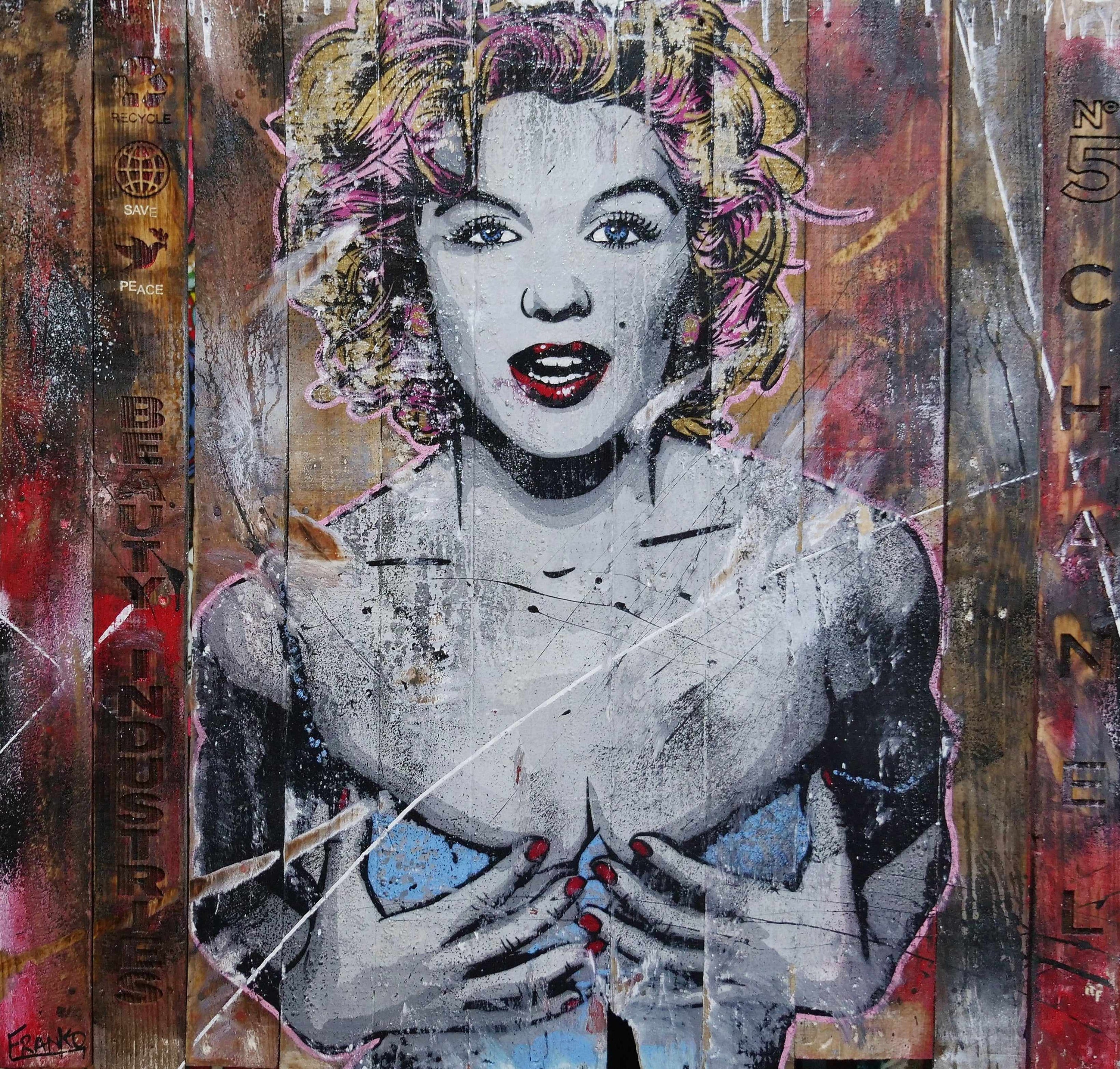 Marilyn... Beautiful Disaster 113cm x 113cm Marilyn Monroe Industrial Recycled Palette Pop Art Painting (SOLD)-urban pop-[Franko_Artist]-[Australian_artist]-[Gold_Coast]-[Brisbane]-[modern]-[contemporary]-[original]-[Large_artwork]-Franklin Art Studio
