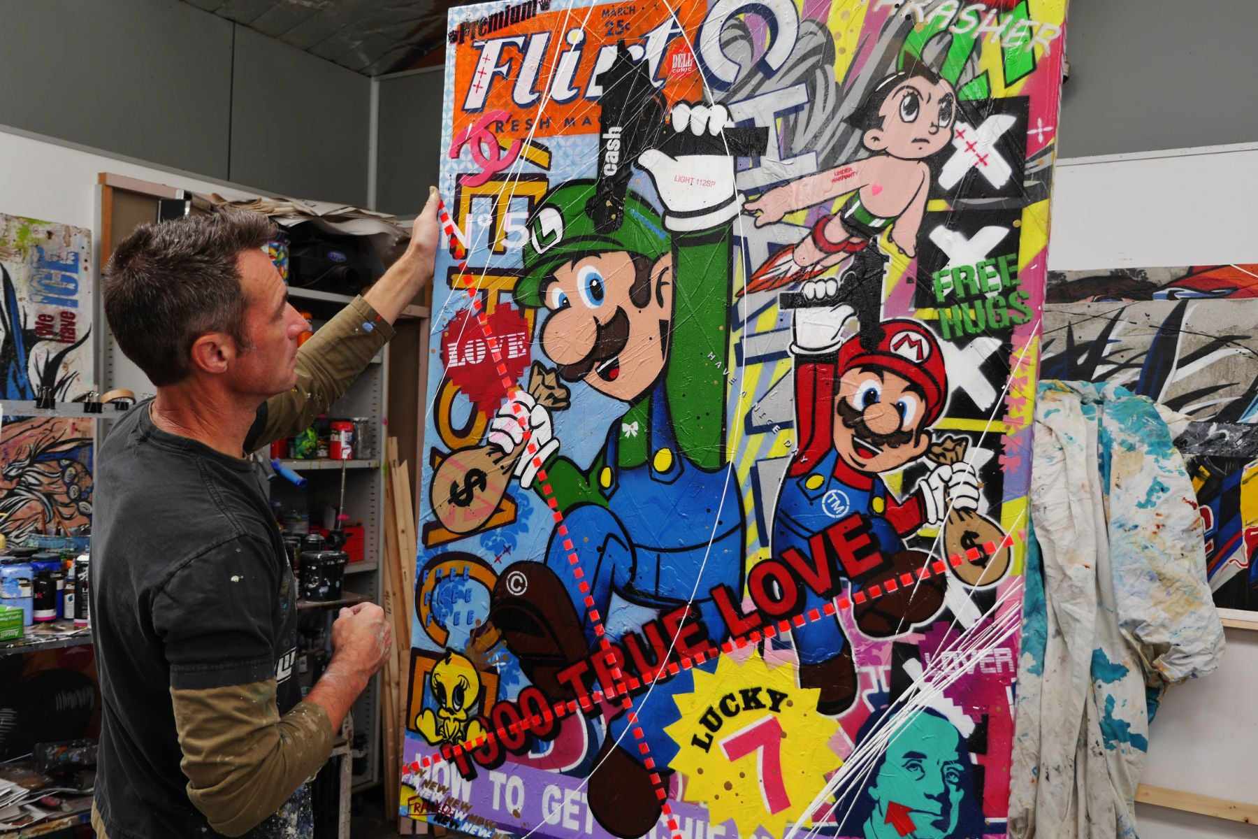 Mario and Luigi Take The Town 140cm x 100cm Mario and Luigi Textured Urban Pop Art Painting (Sold)-urban pop-[Franko_Artist]-[The_Block]-[Dream_Homes]-[ideas]- [Grand_Designs]-Franklin Art Studio