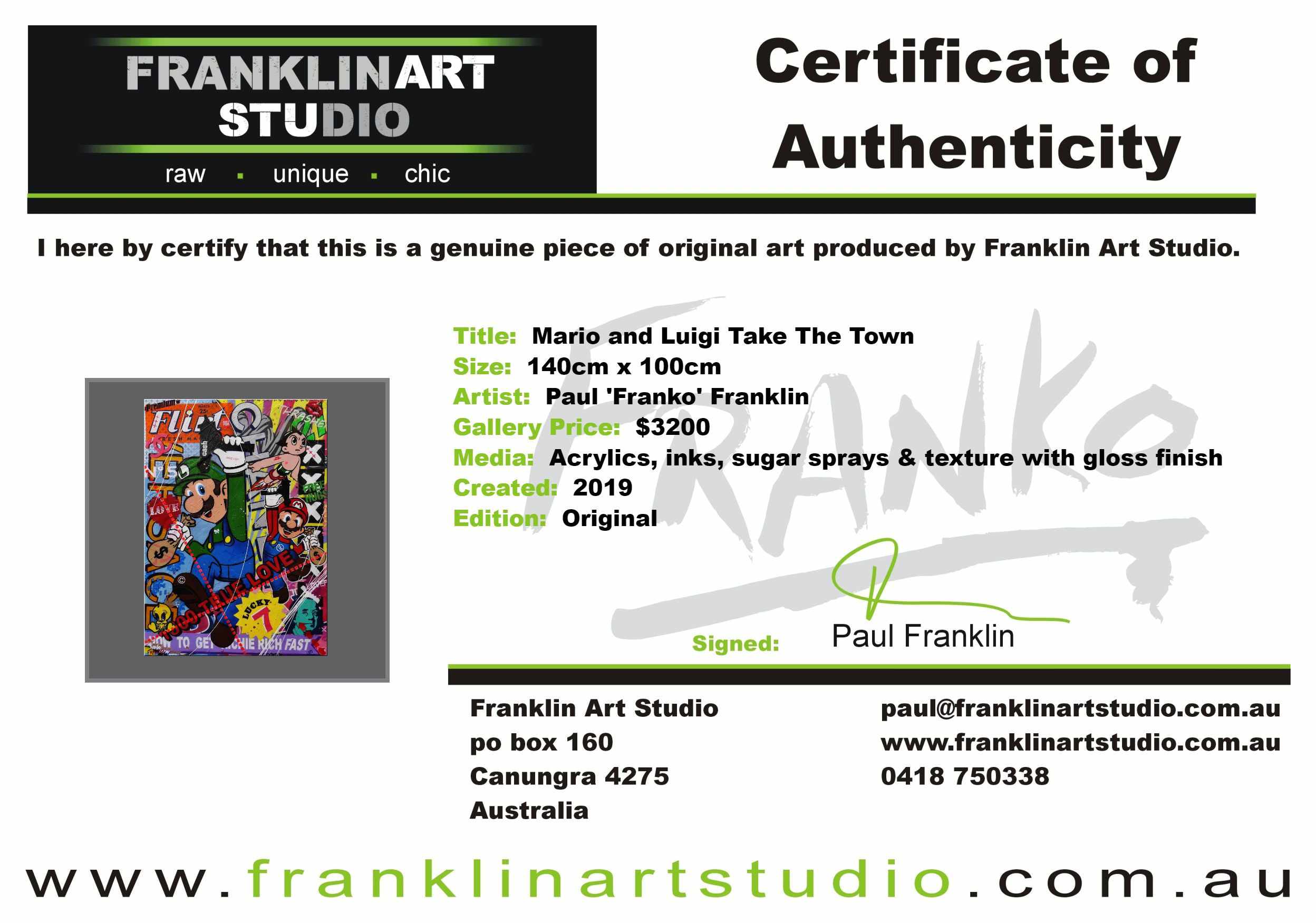 Mario and Luigi Take The Town 140cm x 100cm Mario and Luigi Textured Urban Pop Art Painting (Sold)-urban pop-[Franko_Artist]-[The_Block]-[Dream_Homes]-[ideas]-[Grand_Designs]-[Art_Lover]-Franklin Art Studio