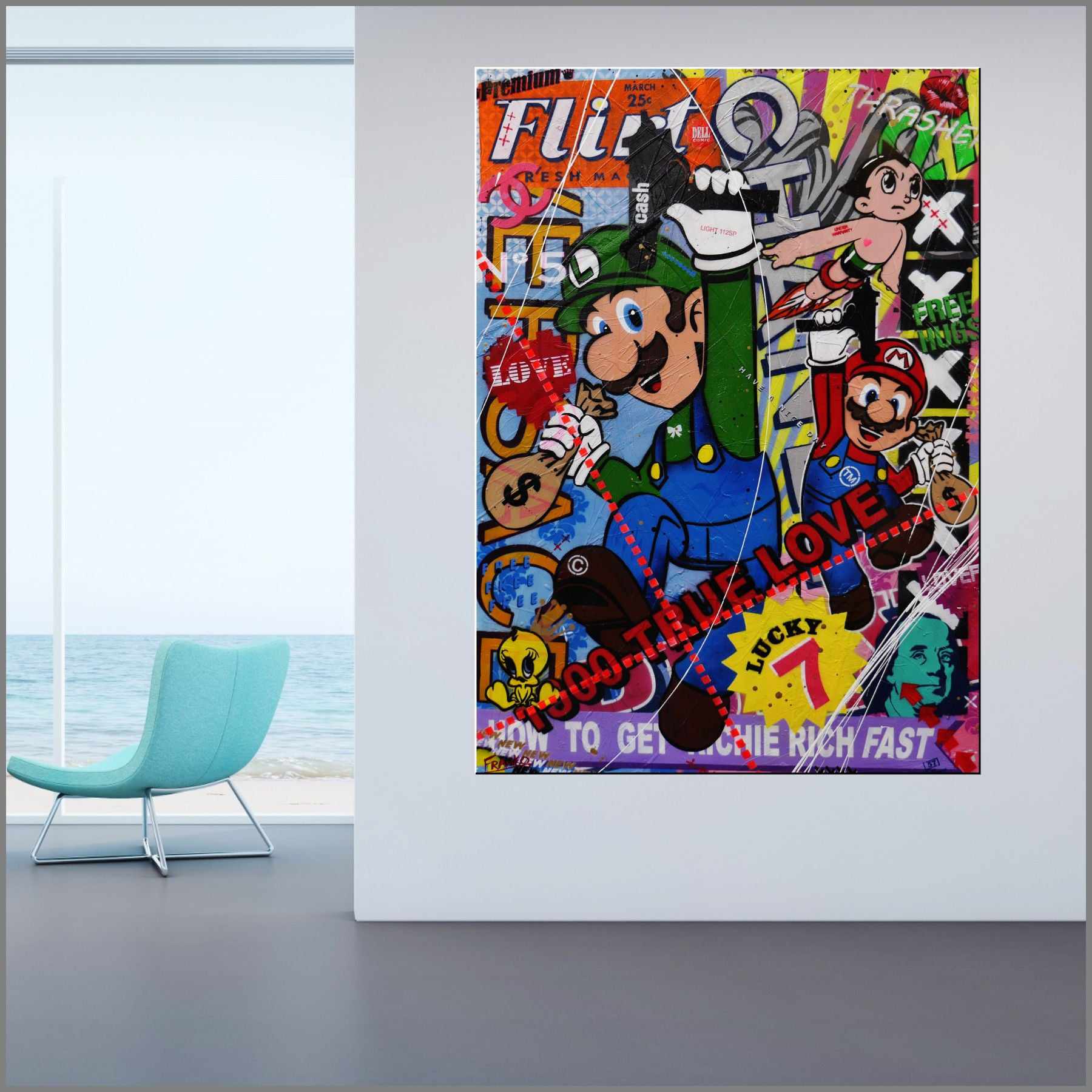 Mario and Luigi Take The Town 140cm x 100cm Mario and Luigi Textured Urban Pop Art Painting (Sold)-urban pop-[Franko_Artist]-[Australian_artist]-[Gold_Coast]-[Brisbane]-[modern]-[contemporary]-[original]-[Large_artwork]-[The_Block]-[Dream_Homes]-[ideas]-[Grand_Designs]-[Art_Lover]-Franklin Art Studio
