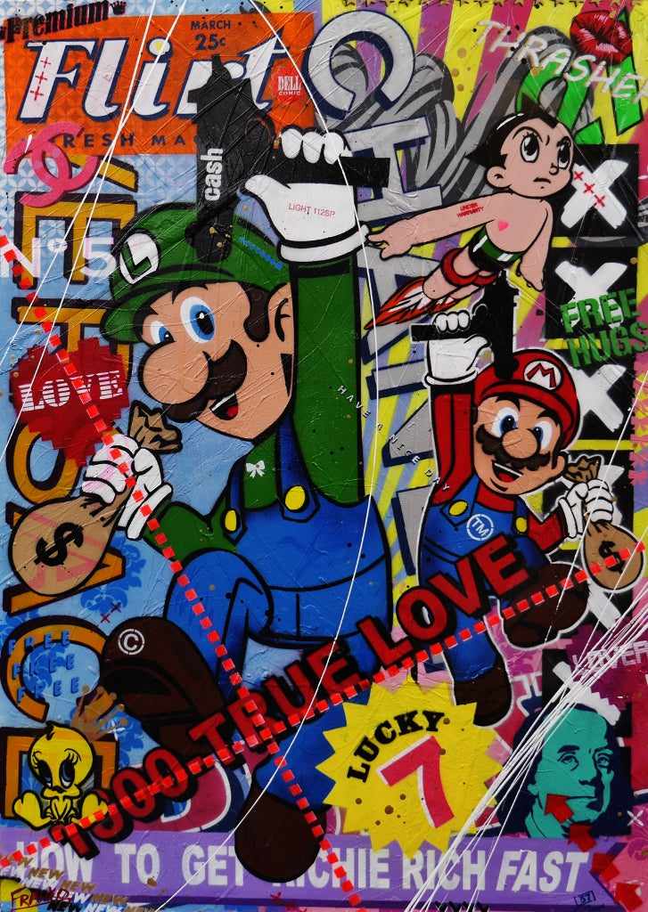 Mario and Luigi Take The Town 140cm x 100cm Mario and Luigi Textured Urban Pop Art Painting (Sold)-urban pop-[Franko_Artist]-[Australian_artist]-[Gold_Coast]-[Brisbane]-[modern]-[contemporary]-[original]-[Large_artwork]-Franklin Art Studio