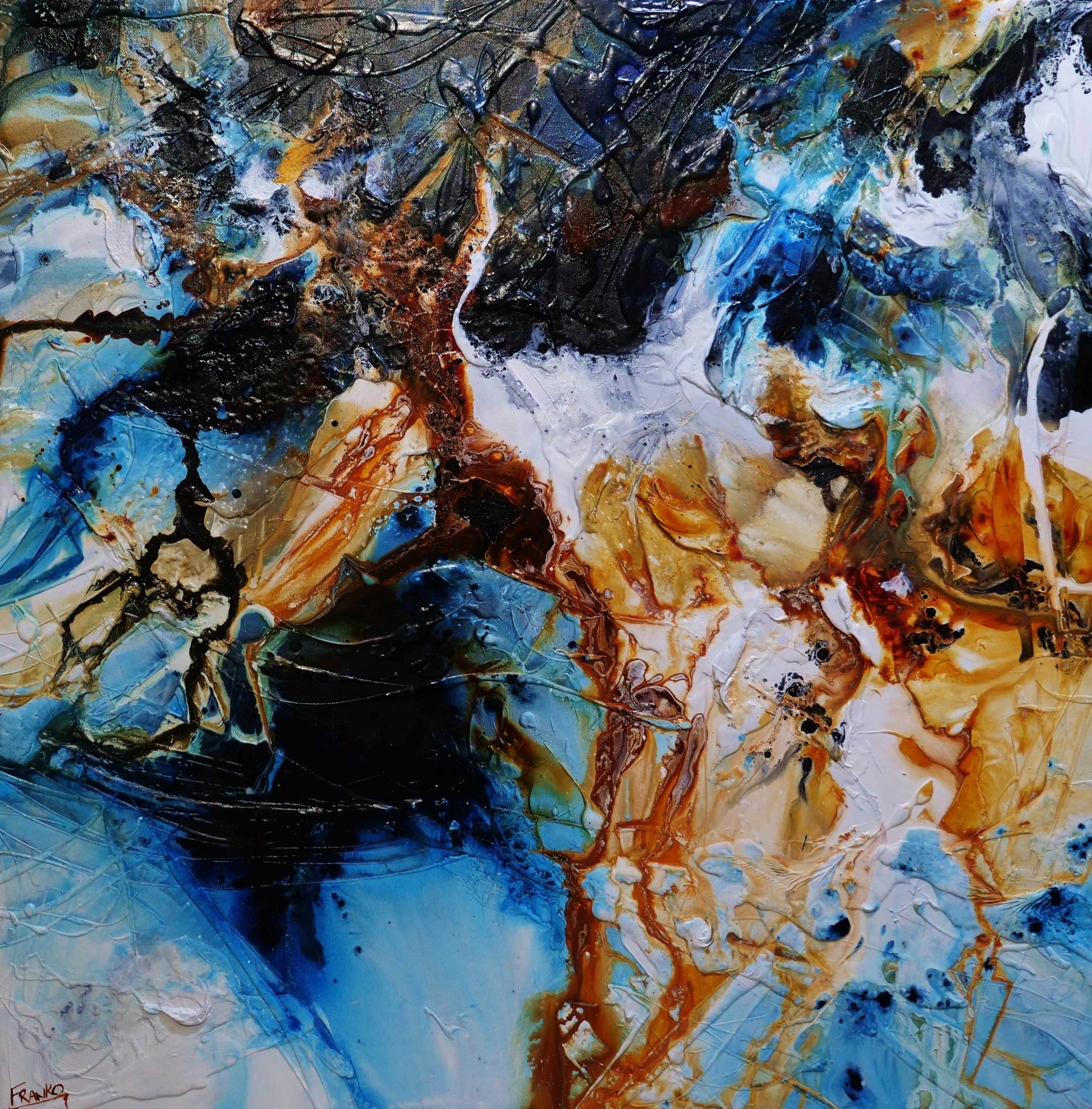 Melted Rust 150cm x 150cm Rust, Black, Blue Textured Abstract Painting (SOLD)-Abstract-[Franko_Artist]-[Australian_artist]-[Gold_Coast]-[Brisbane]-[modern]-[contemporary]-[original]-[Large_artwork]-Franklin Art Studio